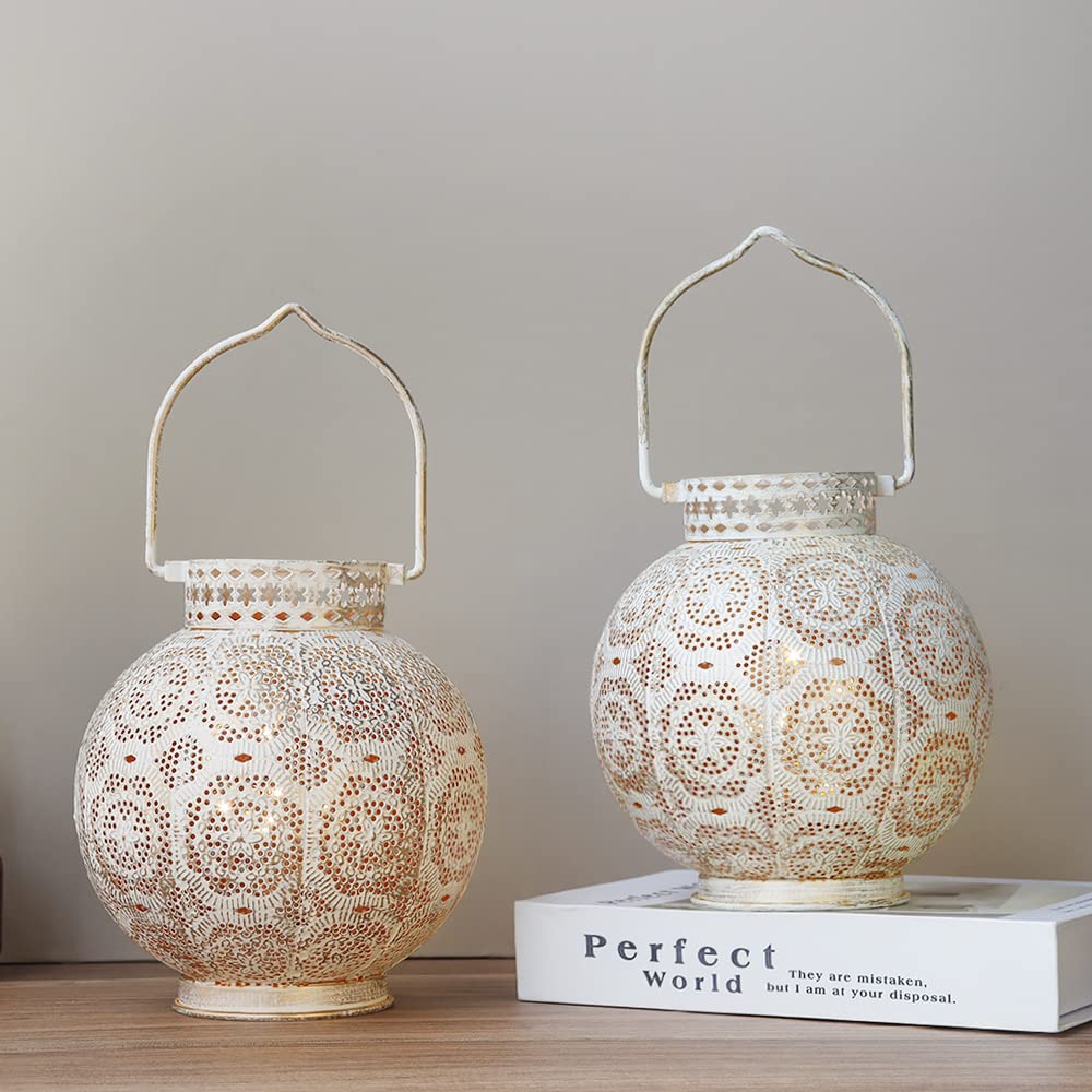 TRIROCKS Moroccan Decorative Lamps Set of 2, 7in  High, Battery Powered, Metal, White, Model 9173-R, Indoor/Outdoor Tabletop Lights