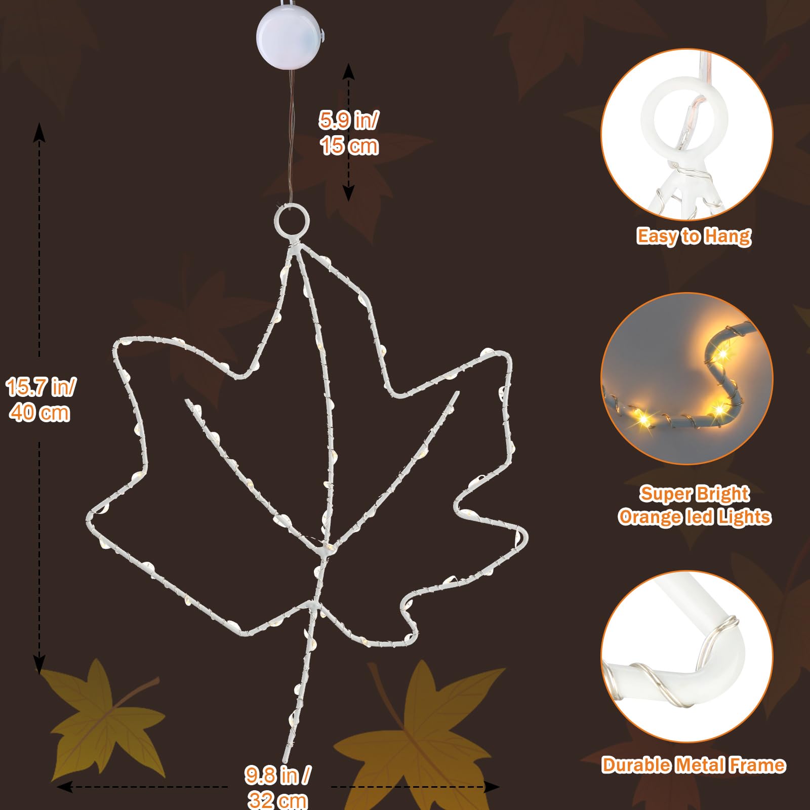 LHYLDS 3Pcs Battery Operated Maple Leaf Window Lights, Metal Frame, Yellow, Model XPD-07, Timer for Thanksgiving Decor