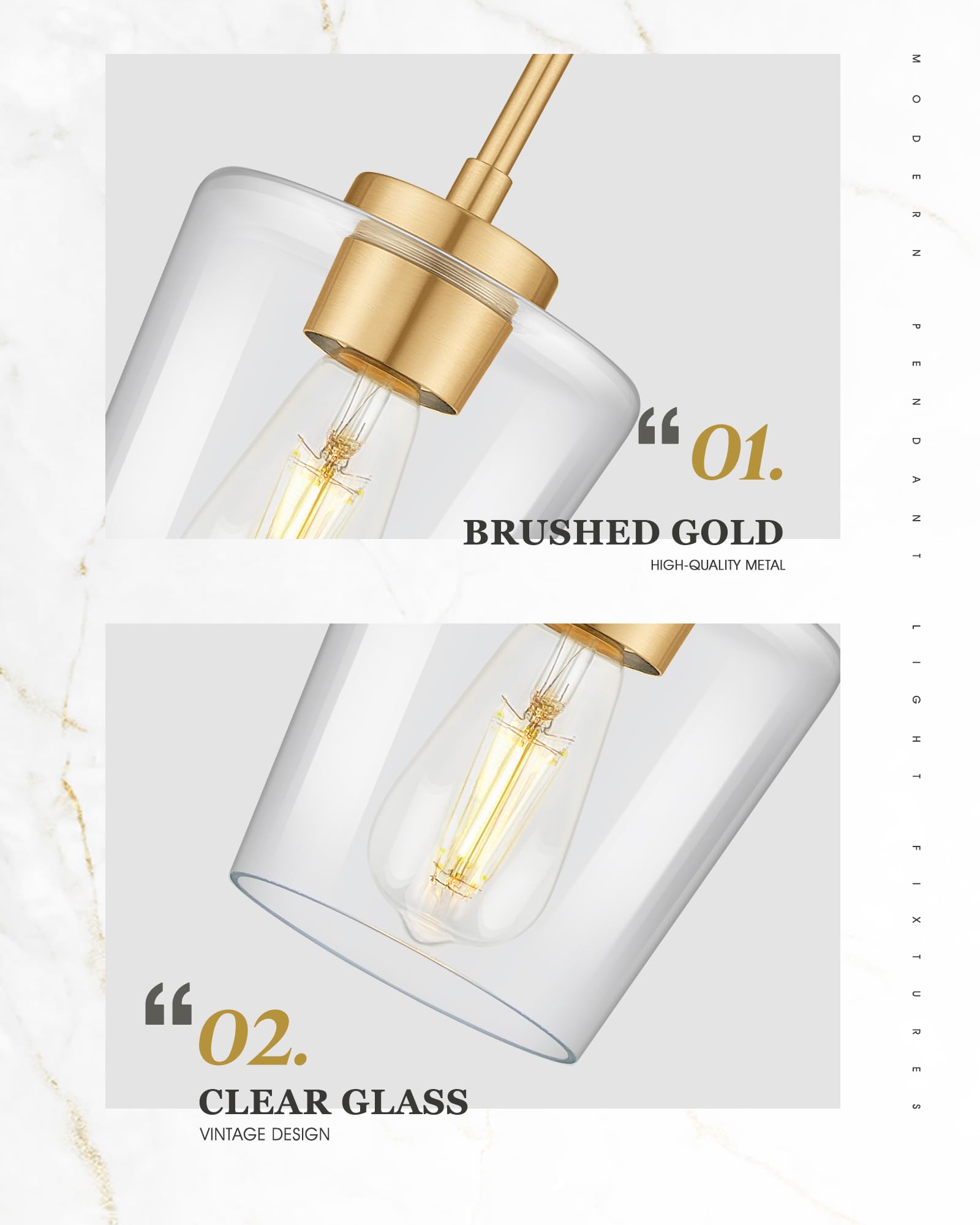 Audickic Gold Pendant Lights Kitchen Island, 6'' Hanging Lights Fixtures With Clear Glass Shade, Modern Brass Kitchen Pendant Li