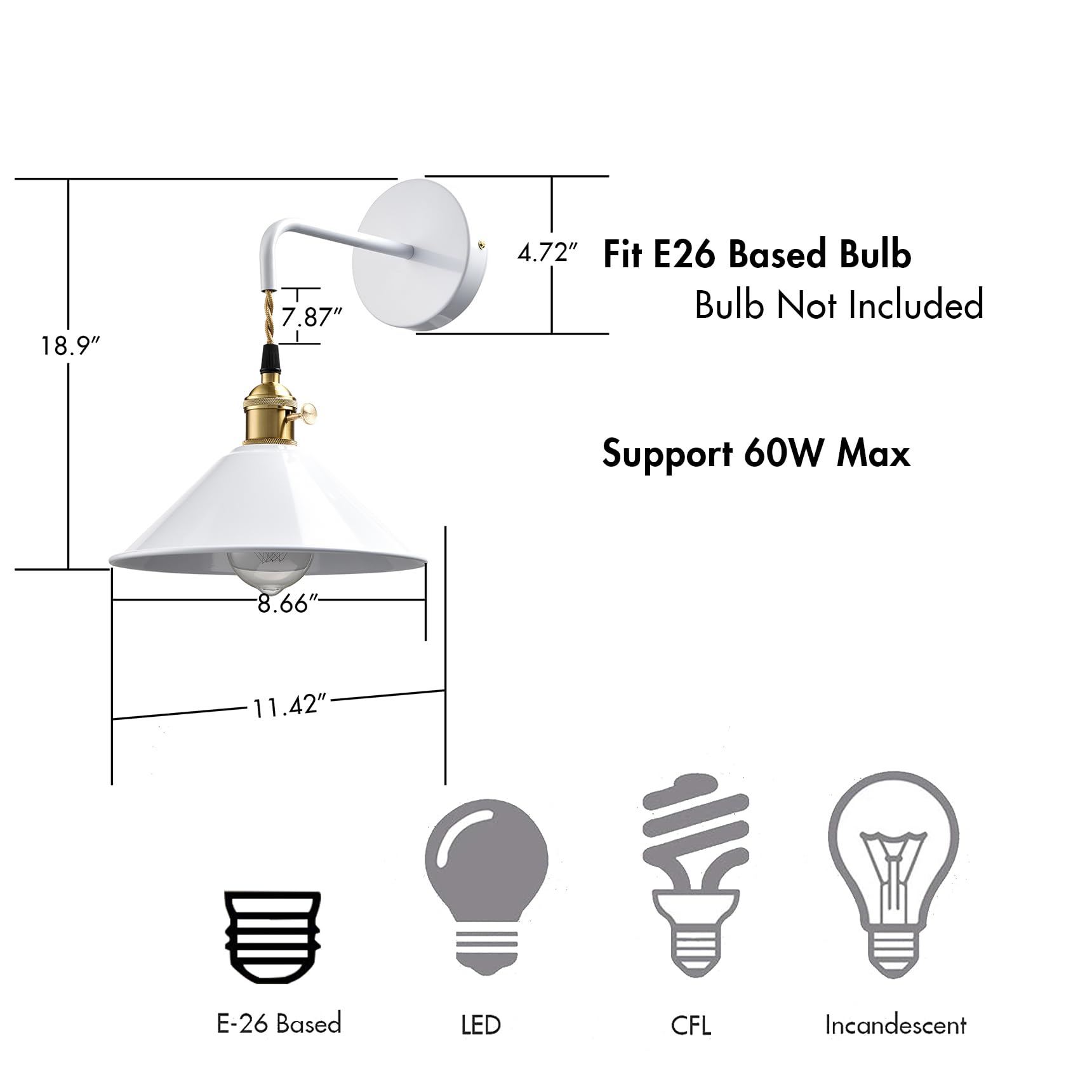 Jeenkae Industrial Modern Wall Sconce Light On-Off Switch E26 Based Light Fixture Wall Mounted With Umbrella Shade For Bathroom