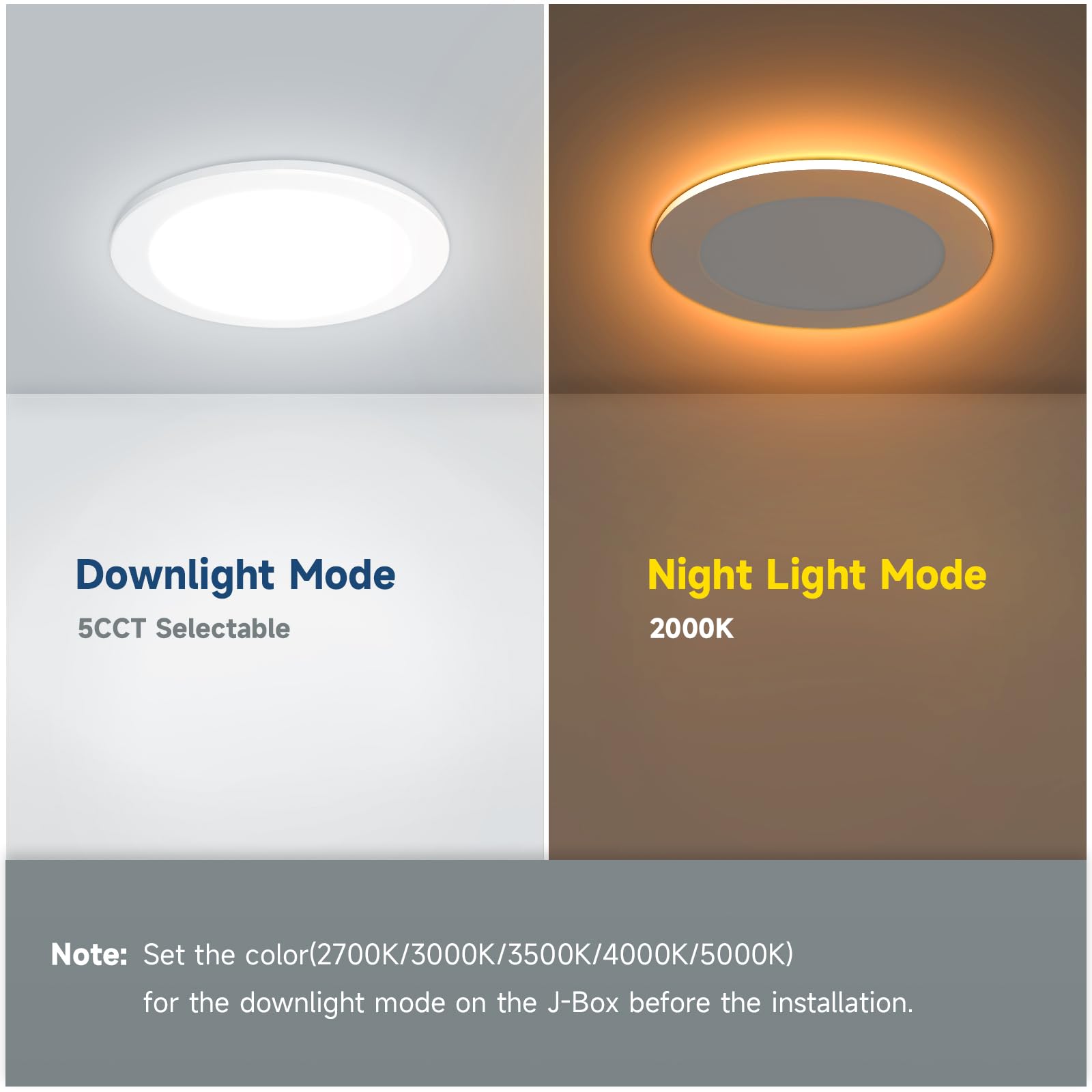 ECOELER 6 Inch LED Recessed Ceiling Light, 12W 1050Lm, Dimmable, 5CCT + Nightlight, Model UCL612B-NL