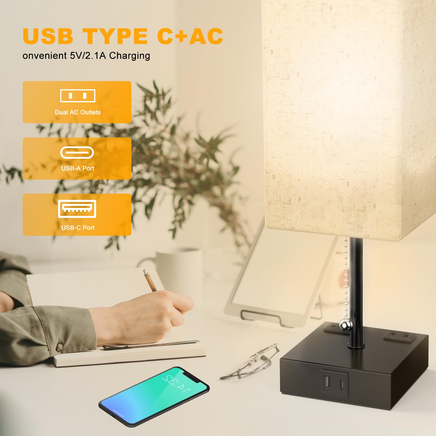 YIDPU Table Lamp - USB Charging Ports, Adjustable 3-Color LED Light, Linen White, 2PCS, Included Bulb, Perfect for Bedroom and Office Decor