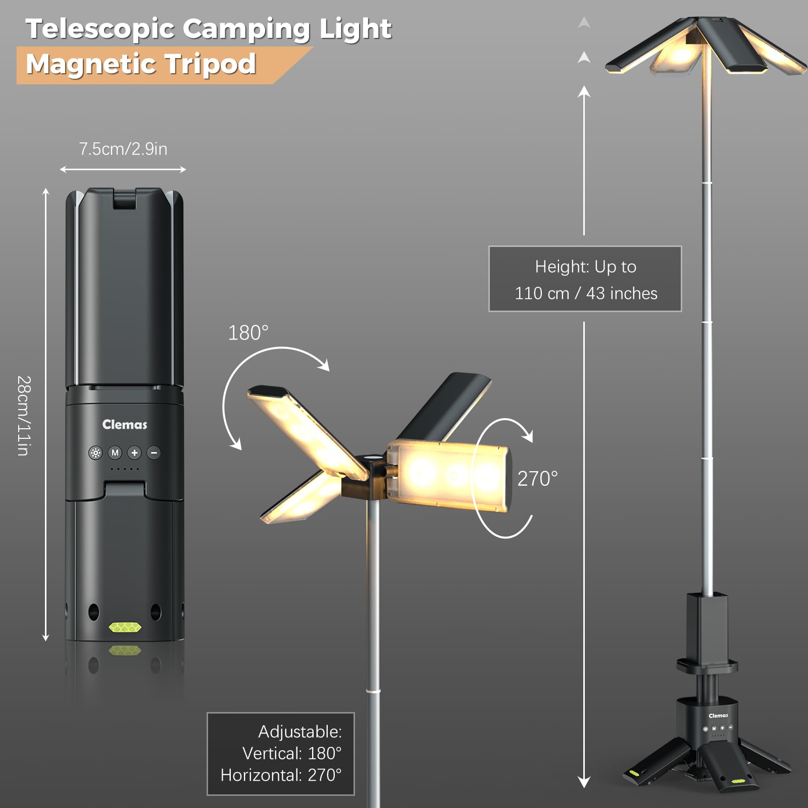 Clemas Telescopic Rechargeable Camping Lantern 6000LM IPX5 Waterproof Gray, Model Z2, Portable Multifunctional Power Supply
