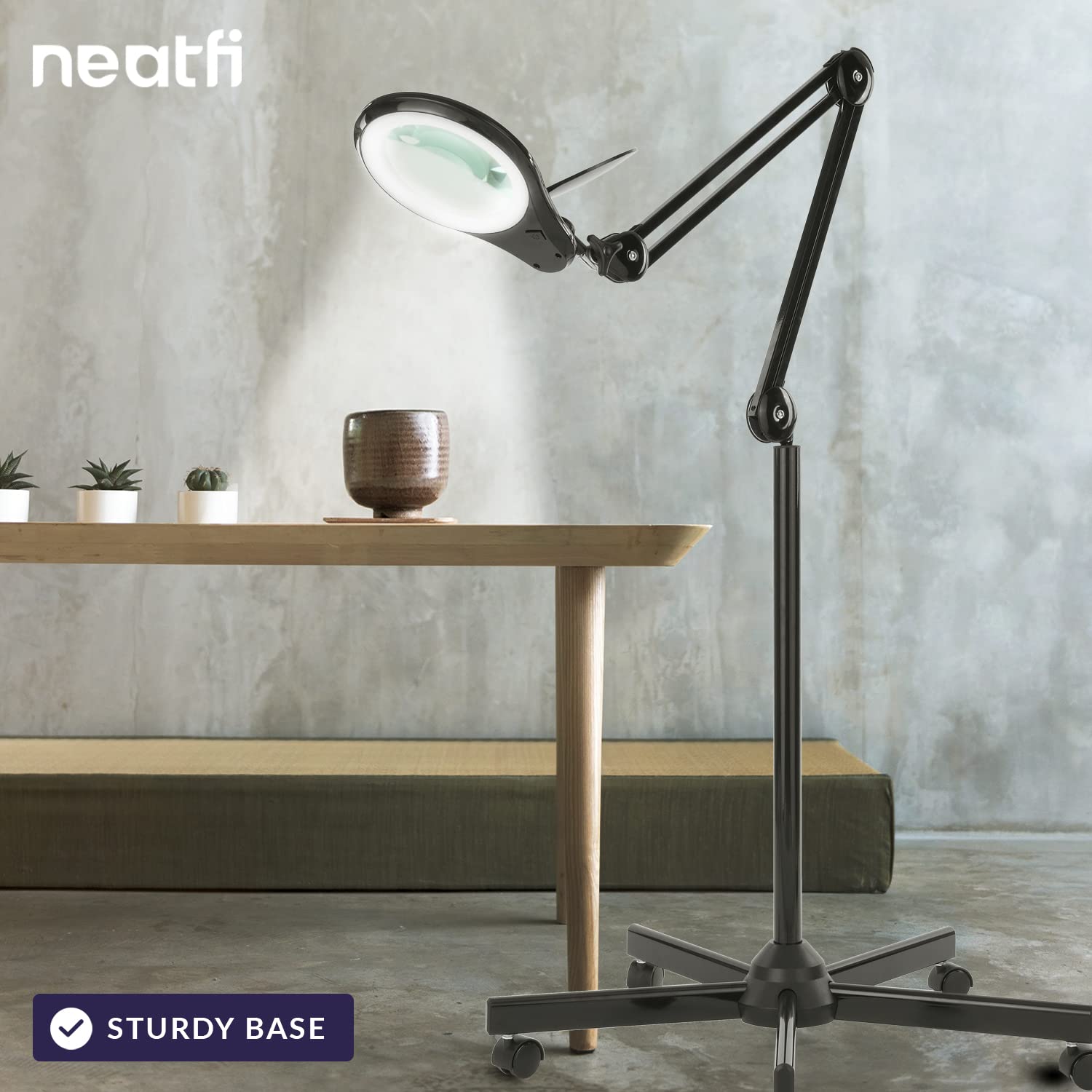 Neatfi (New Model) Bifocals 1,200 Lumens Led Magnifying Floor Lamp With Rolling Base, 5 Diopter With 20 Diopter, Dimmable, Adjus