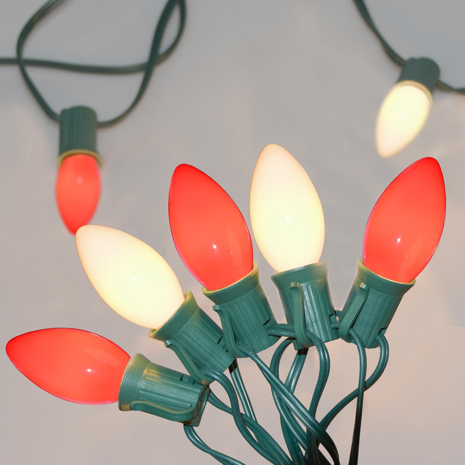 C9 Christmas Outdoor String Lights, 25 Feet Vintage Christmas Tree Lights with 26 7W Red White Glass Bulbs(1 Spare), Connectable
