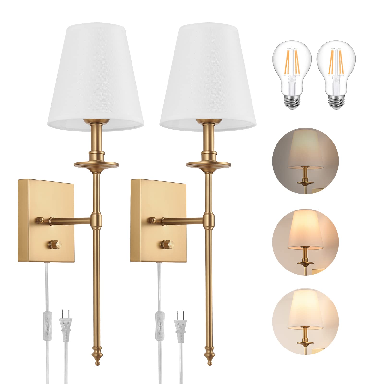 ENCOMLI Dimmable Wall Sconces Set of Two, Antique Brass, Plug-in, White Fabric Shade, LED Bulbs Included