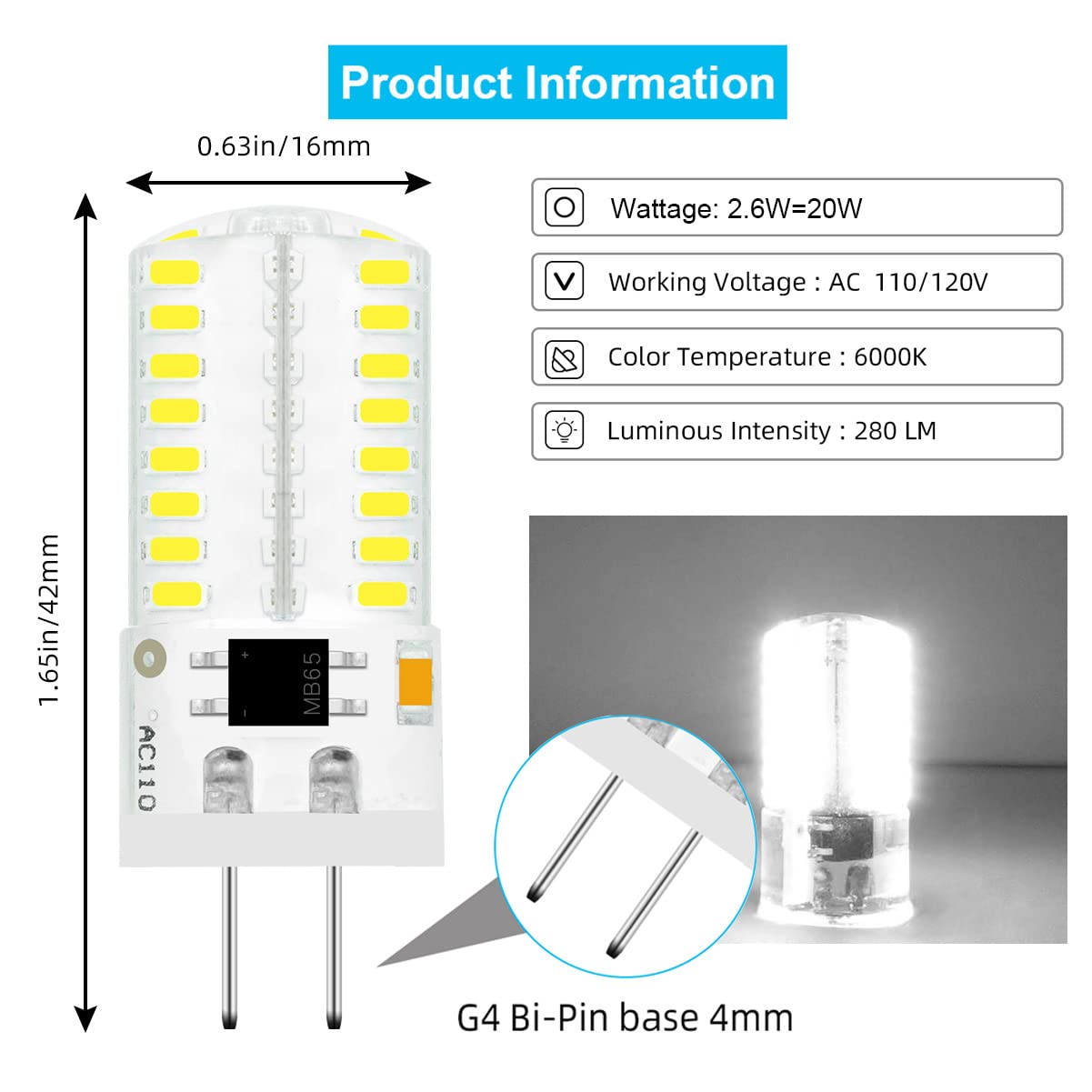 Tianzhilansky Pack 10 G4 Led Bulb Dimmable 110V 120V 2.6W 280 Lumens 64Pcs Silicone Lamp Equivalent To 20W Halogen Bulb Replacem