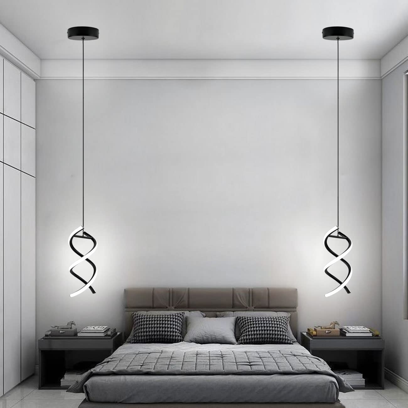 CANEOE Spiral LED Pendant Light Fixture, 15W Cold White, Adjustable Modern Lamp for Living Room/Kitchen, Black