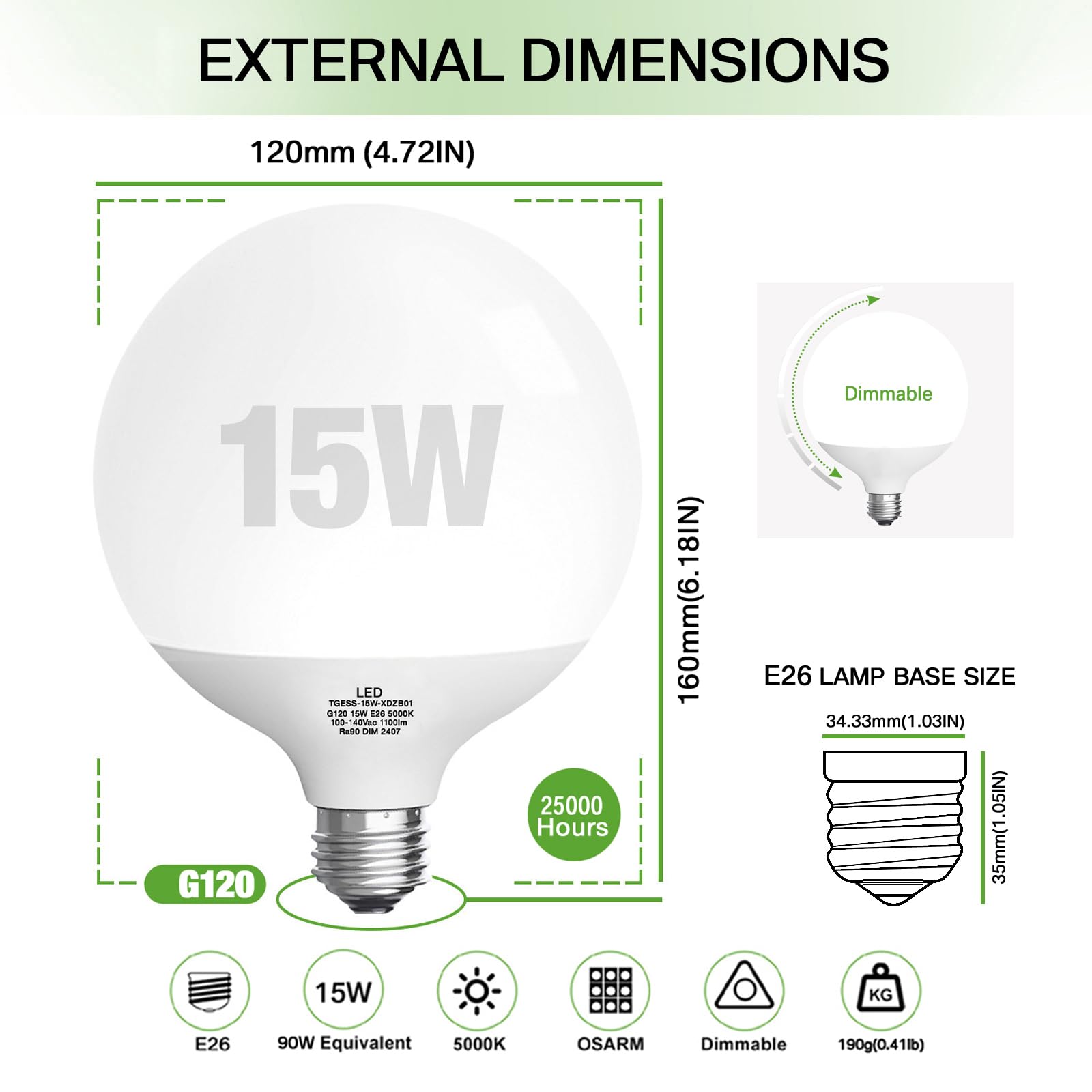 Jardhom Dimmable G120 Globe Bulb, 15W (150W Equivalent), Warm White 2700K, E26 Base, 1500 Lumen for Home Decoration and Parties