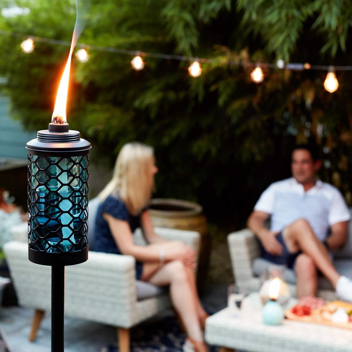 Tiki Brand Honeycomb Outdoor Torch - 65 In Blue Metal Decorative Lighting, Model 1120112 For Patio, Backyard, And Lawn