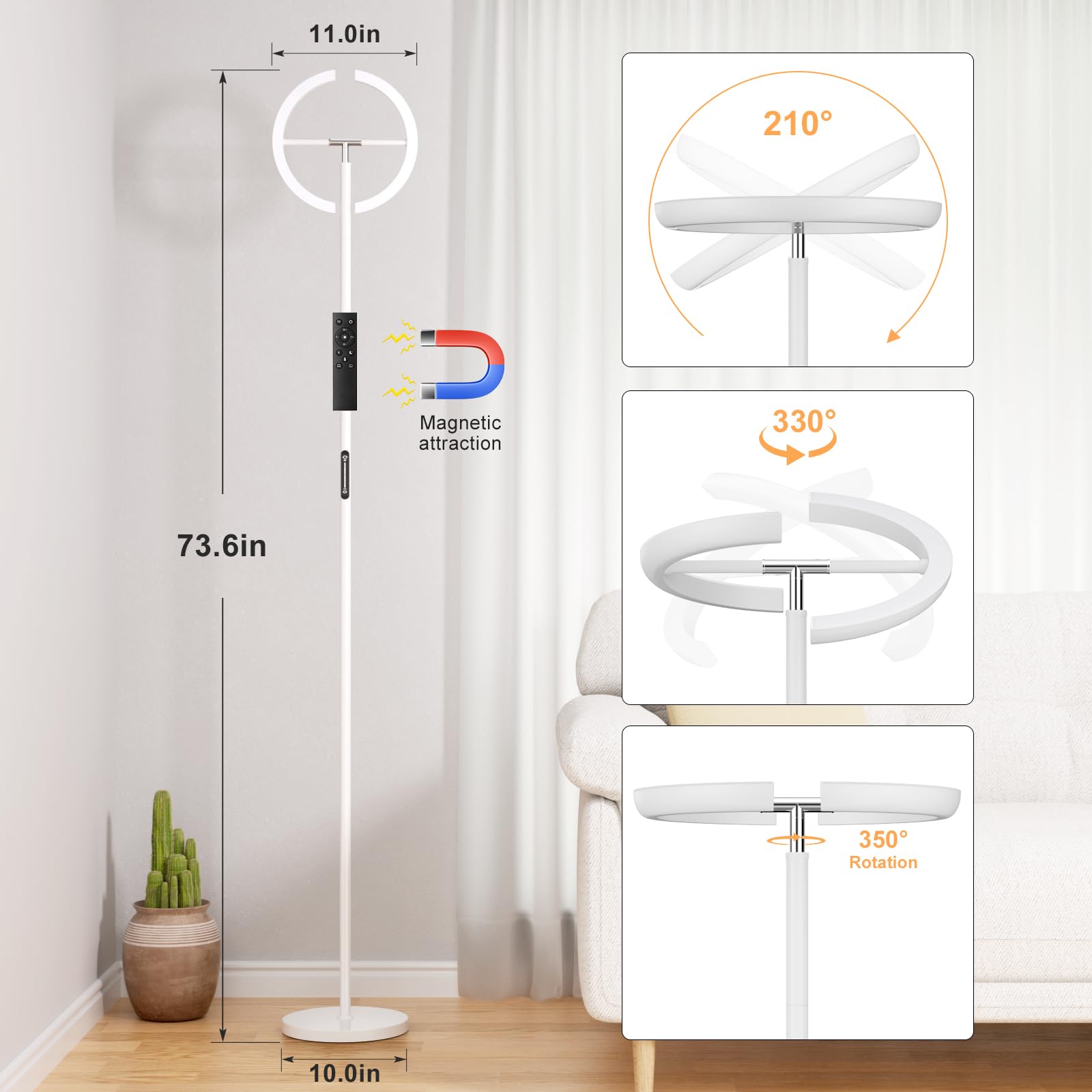Preeotti Led Floor Lamp - 73.6'' Tall Modern Standing Lamp With 2 Rotatable Lights, Remote & Touch Control, 36W Bright Stepless