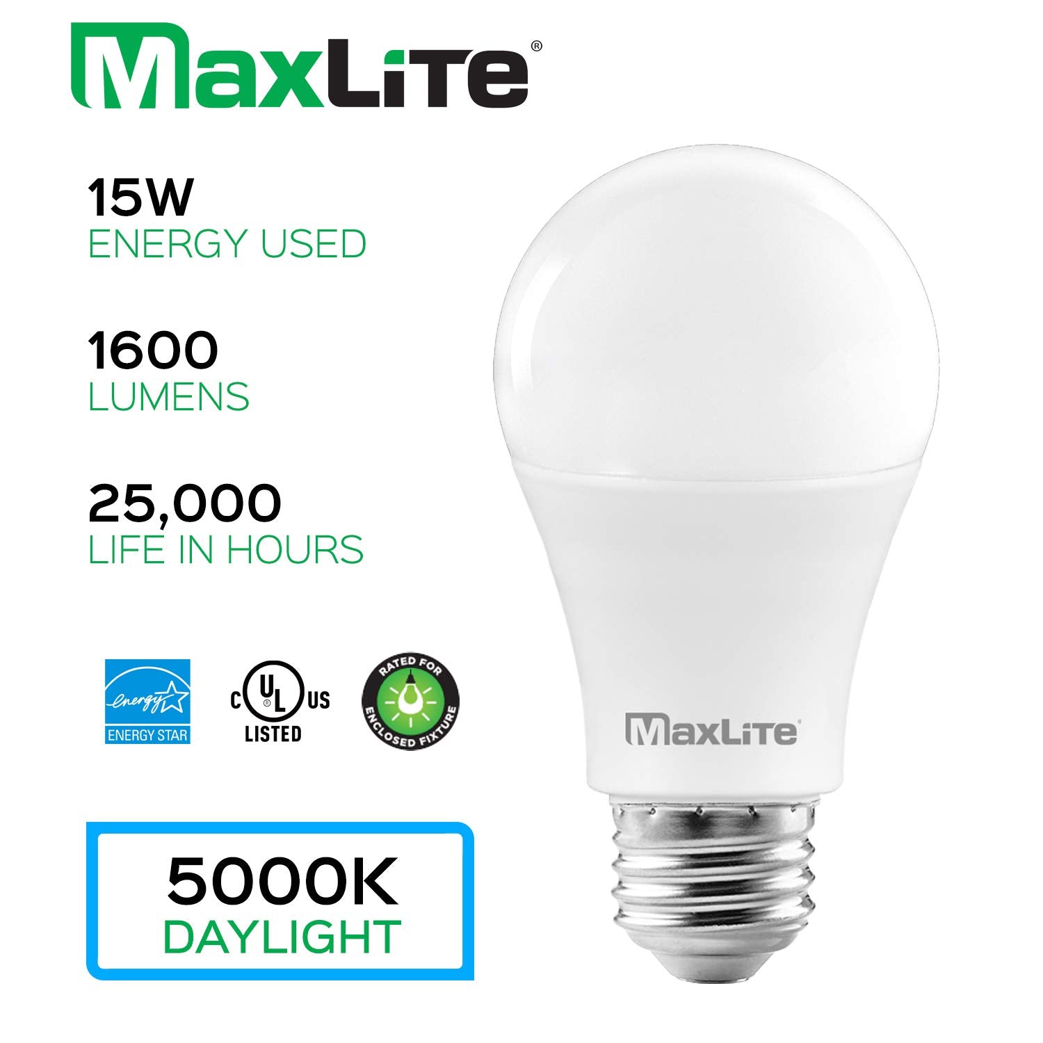 Maxlite A19 Led Bulb, Enclosed Fixture Rated, Daylight 5000K, 100W Equivalent, 1600 Lumens, Dimmable, E26 Medium Base, 4-Pack