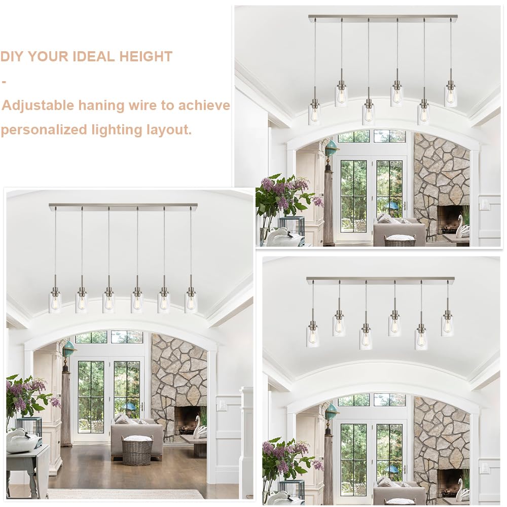 WINSHEN 6-Lights Pendant Lighting, Brushed Nickel Ceiling Fixture with Adjustable Wire & Clear Glass Shades, Model TTFOCG-SDSN