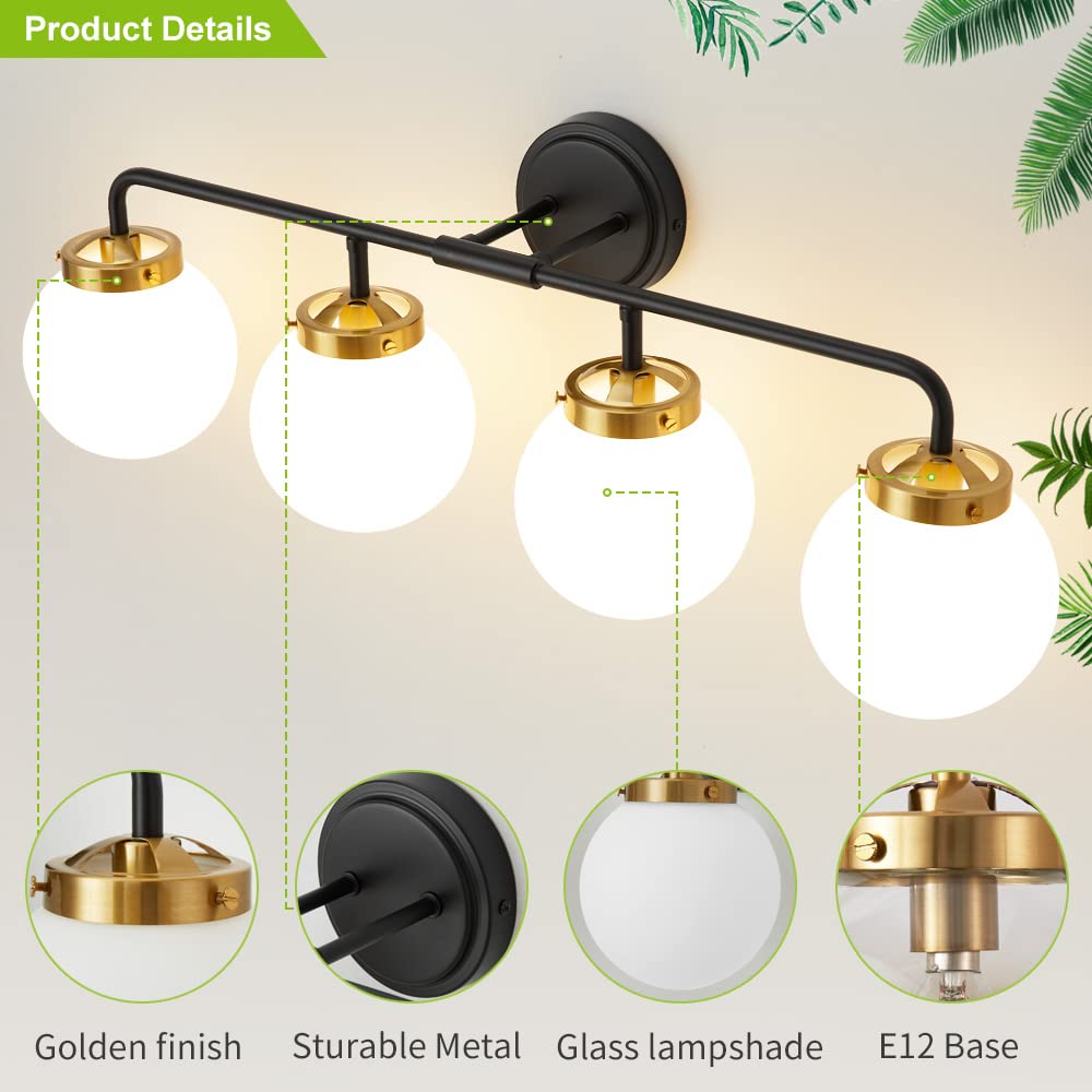 Deyidn Black Gold Bathroom Light Fixtures Above Mirror, Modern Vanity Lighting With White Glass Globe Shade 4-Light Farmhouse Wa