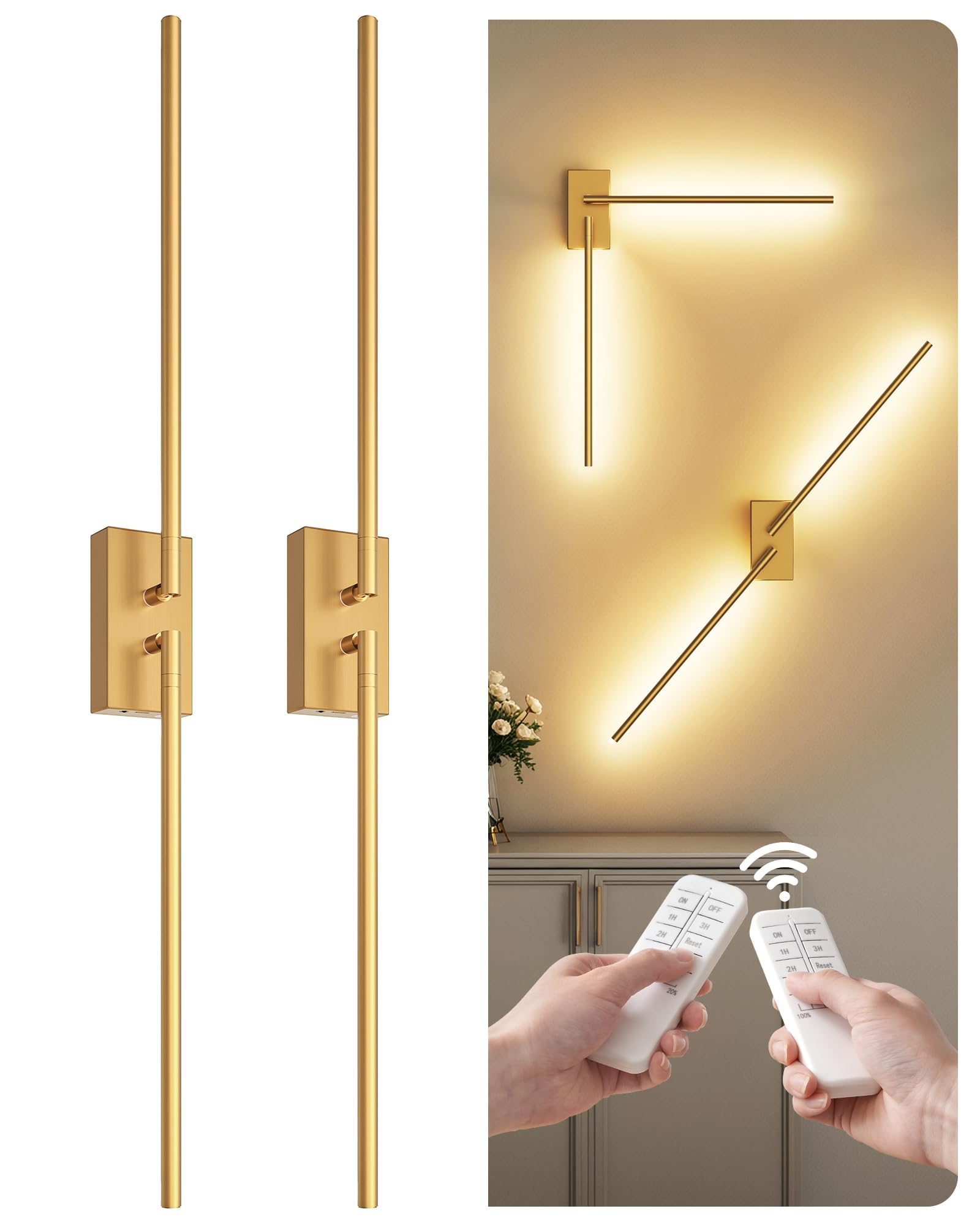 GOEBLESON 38.6 Wireless Battery Operated Wall Sconces Set of Two,Rechargeable Lamp with Remote, DIY Rotation, 10000mAh Battery, 