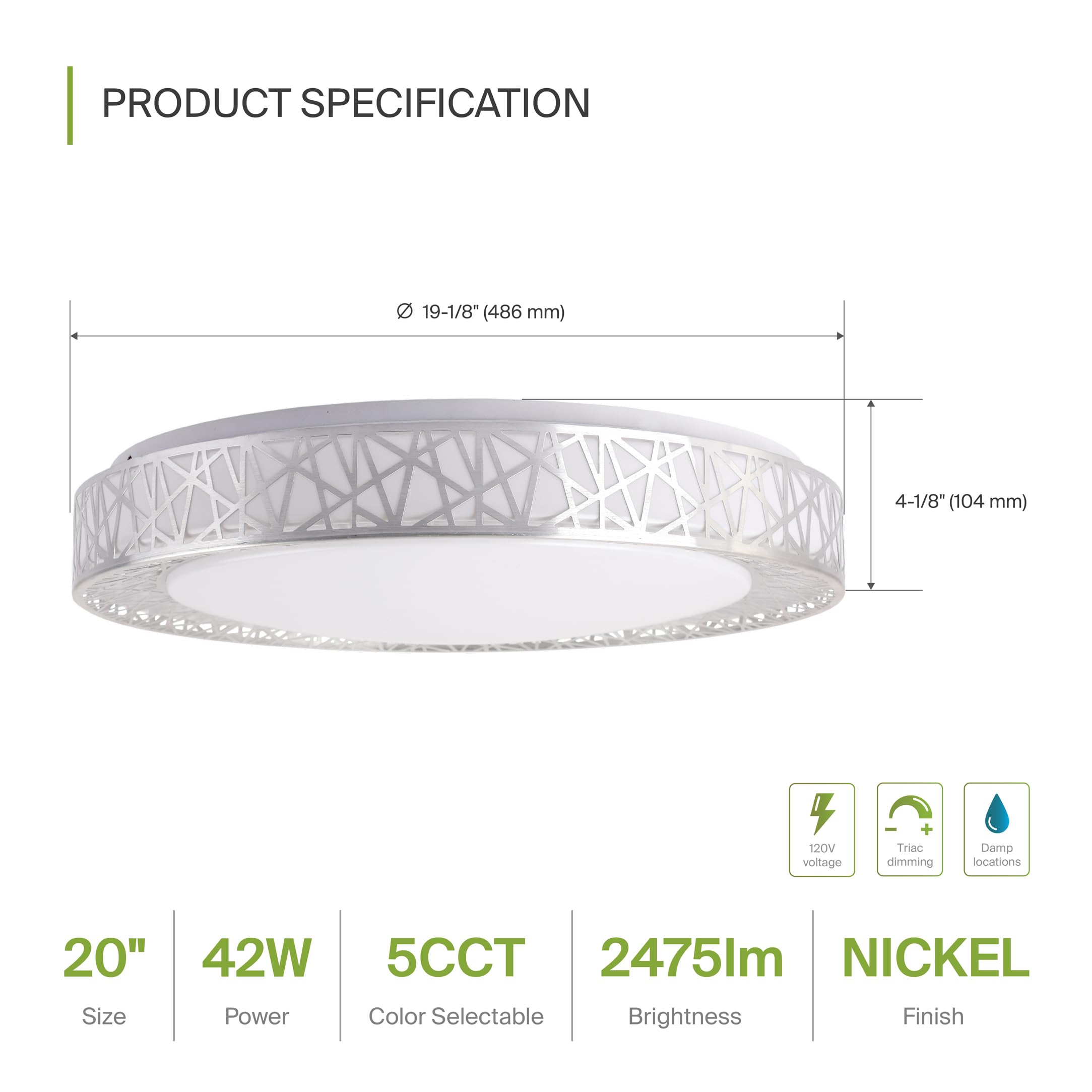 ASD 20 Inch LED Flush Mount Ceiling Light - 42W, 2474LM, Dimmable, Brushed Nickel, 2 Pack, Model A-LOFT-FM-20