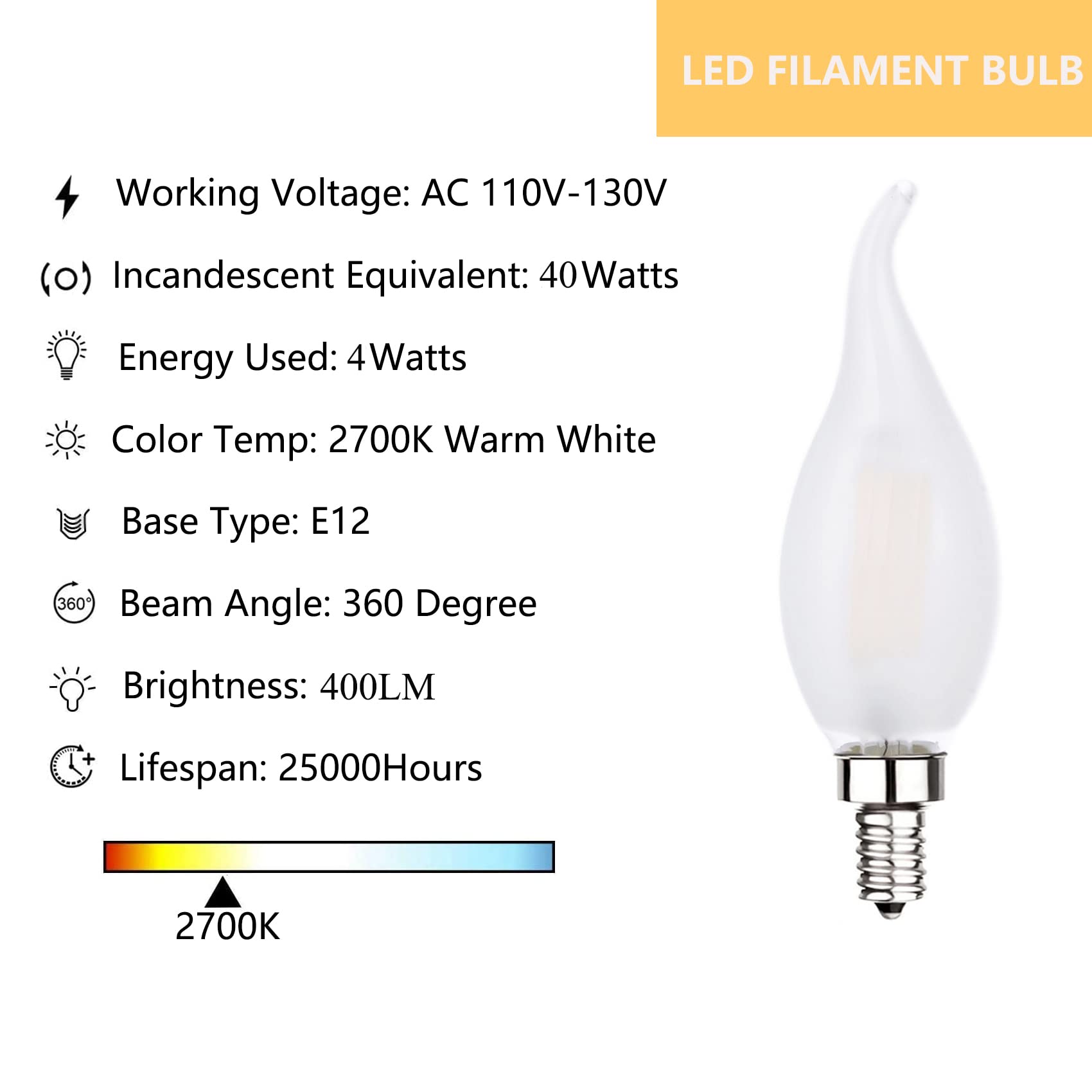 Sunaiony Frosted Candelabra Light Bulbs 40 Watt Equivalent Led Dimmable E12 Candelabra Base Light Bulb For Chandeliers, 2700K Wa
