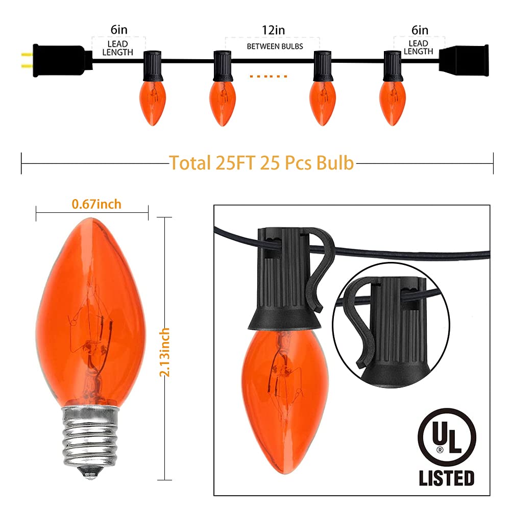 GOOTHY C7 Christmas String Lights, 25Ft Outdoor Waterproof Vintage Lights, 27 Clear Orange Bulbs, Black