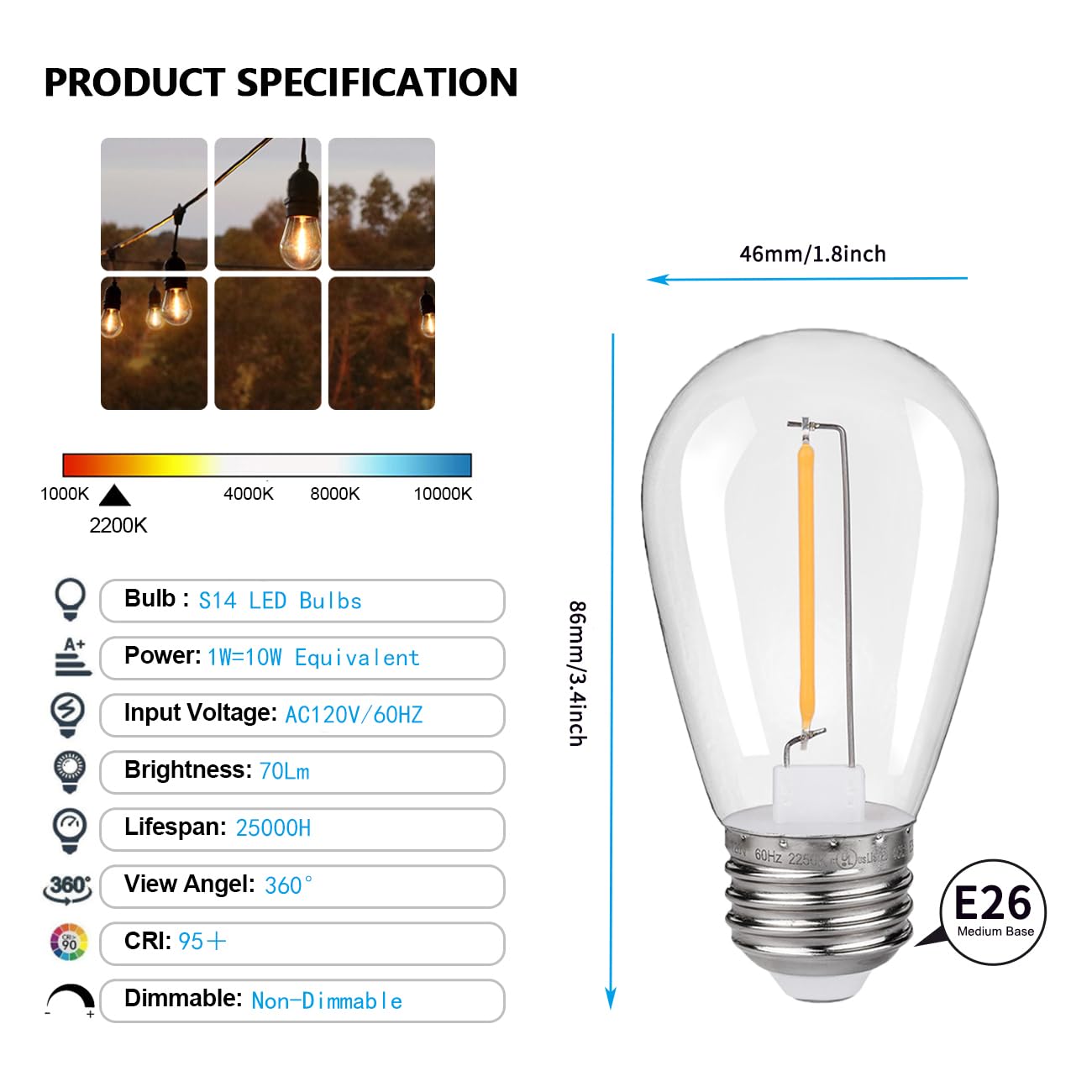 Kly 48-Pack 1W Led S14 String Light Bulbs, Plastic Shatterproof Replacement Edison Bulbs, Equivalent To 10W, Warm White 2200K E2