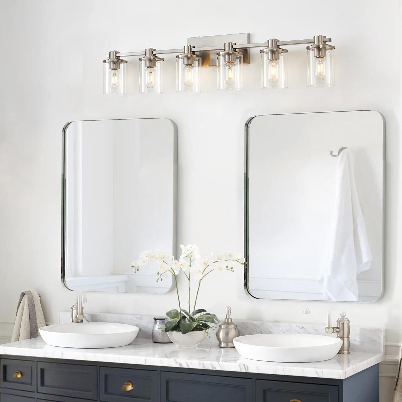 Xgfourseven 6-Light Brushed Nickel Bathroom Vanity Light With Clear Glass Shade, Wall Sconce