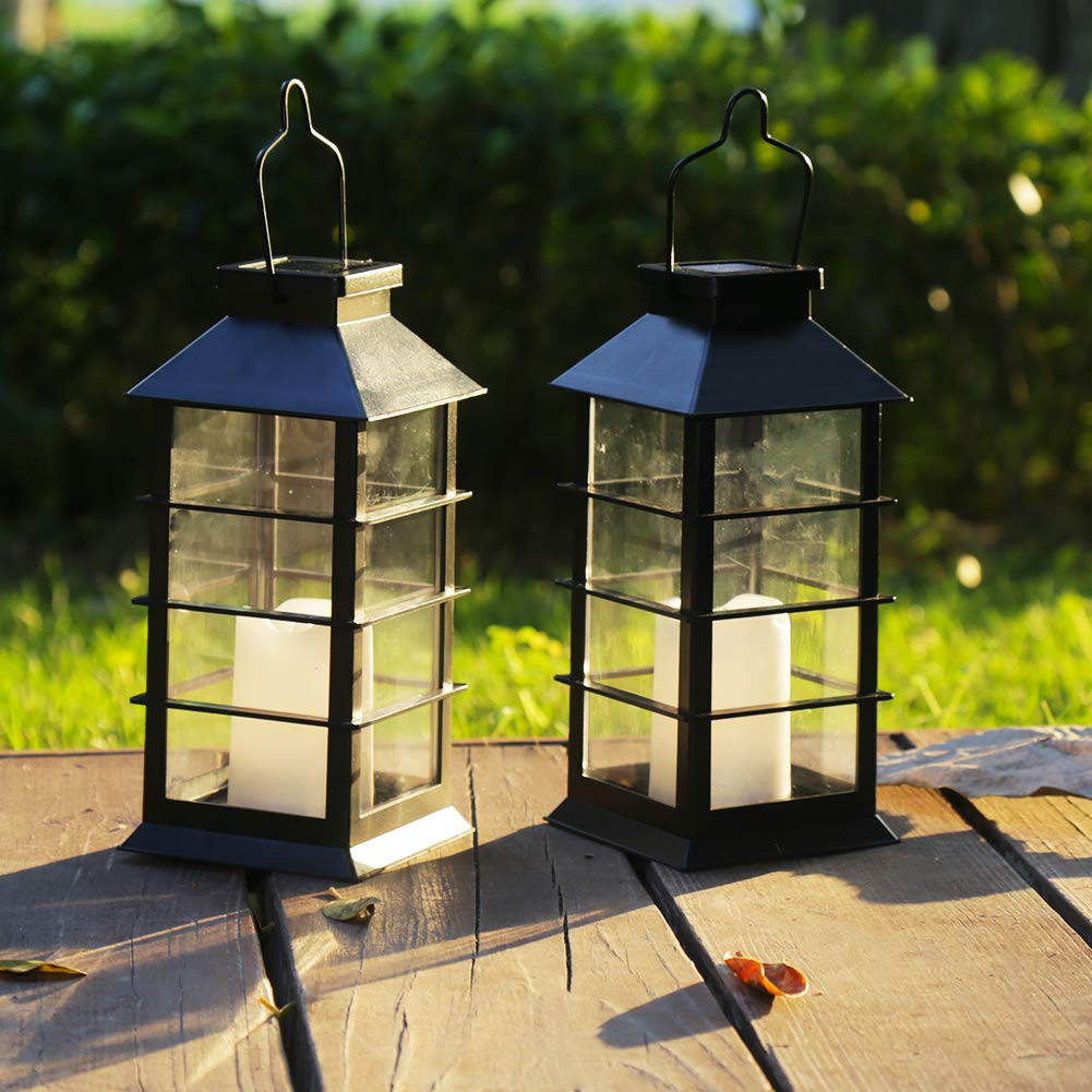 Newvivid 2 Pack Black Solar Powered Led Flickering Flameless Candle Lanterns For Outdoor Decor