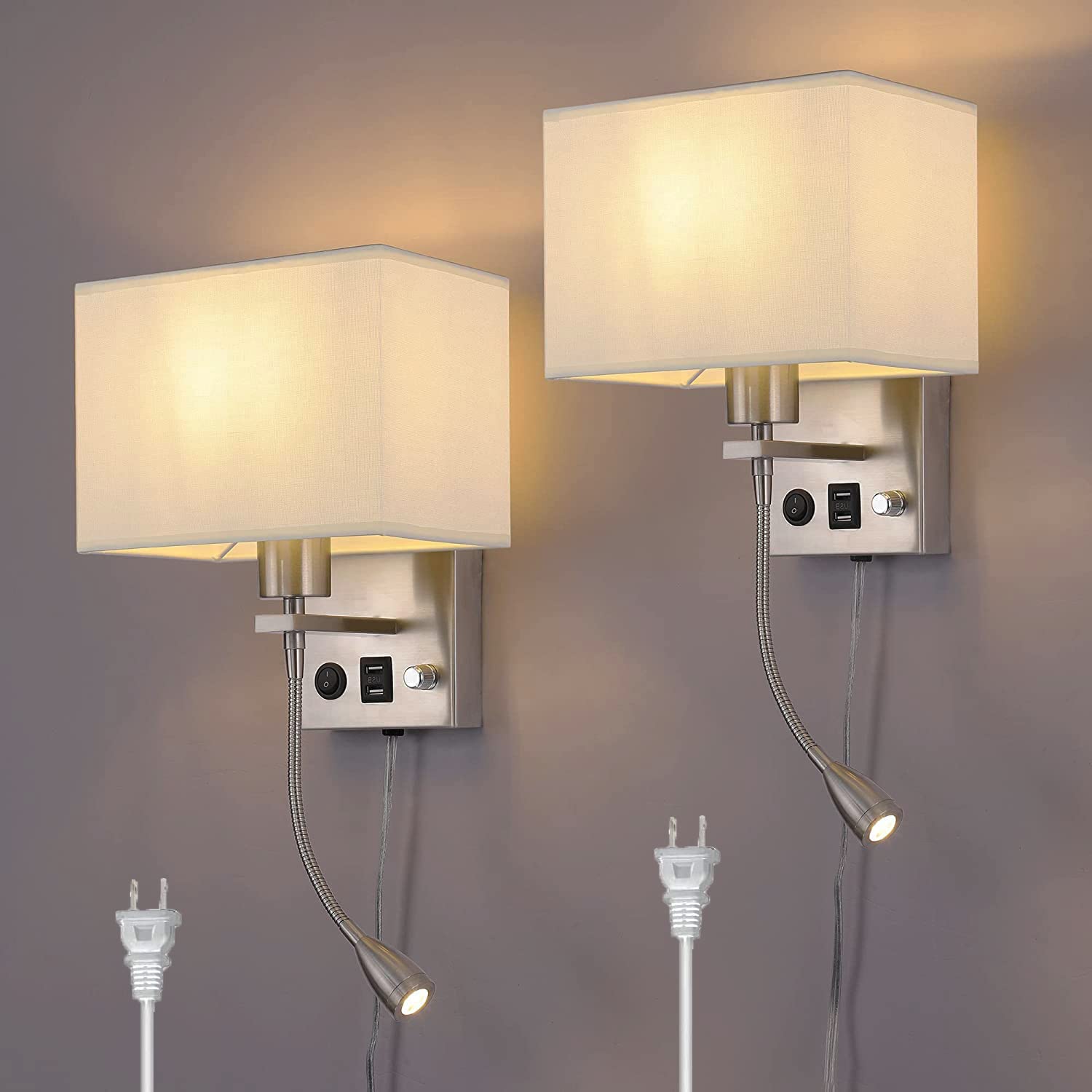2-Pack Bedside Lights, Plug in Wall Sconce with Two USB Charging Ports, Dimmable Reading Lamp with Fabric Shade and On/Off Switc