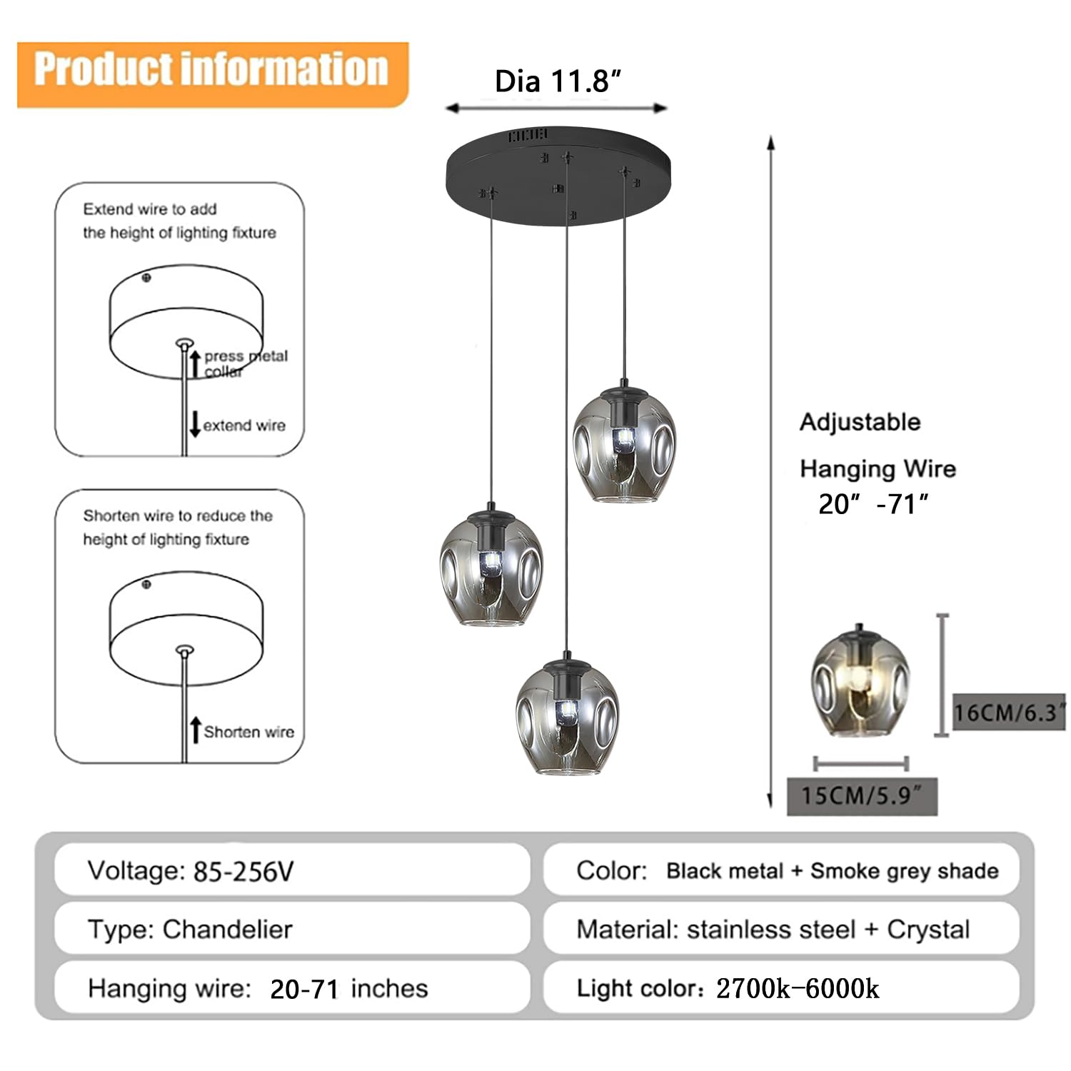 3-Light Black Chandelier With Led Bulbs & Smoke Gray Glass Shade Ceiling Light Pendant Light For Kitchen Island, Dining Room, Li
