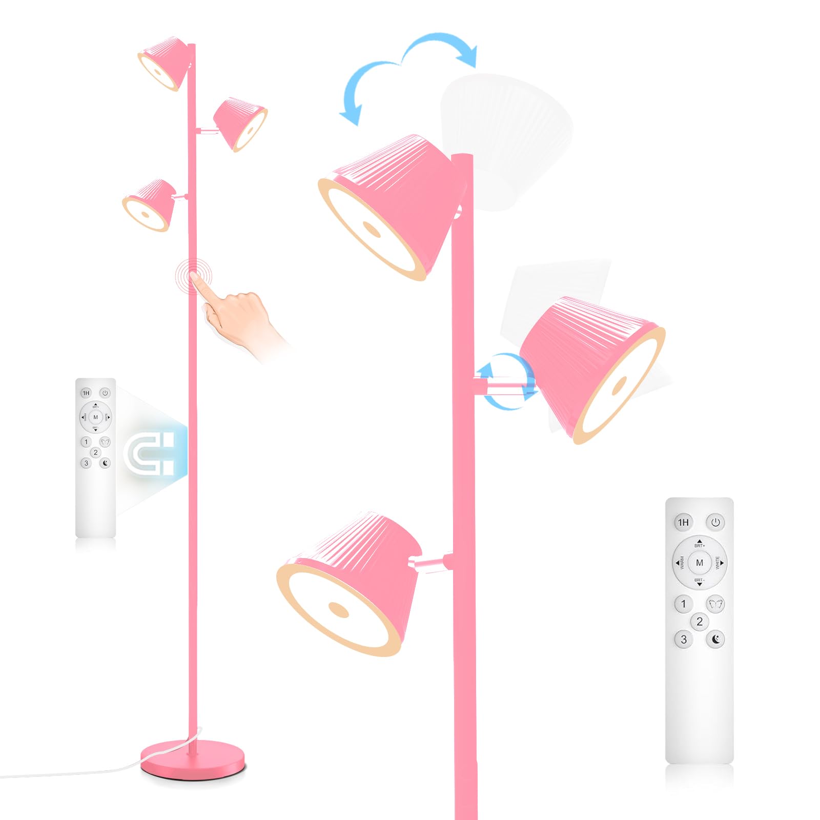 Mixinlei 42W LED Floor Lamp, 68in Modern Dimmable with Remote, 3 Rotatable Lights, 4 Color Temperatures, Pink, Model MXL-Three Light
