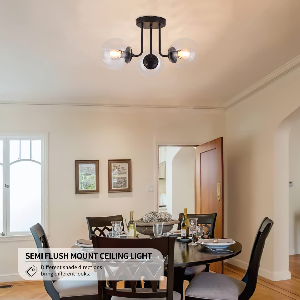 Koko&Yukina 3-Light Semi Flush Mount Ceiling Light Globe Ceiling Light Mid Century Ceiling Light With Clear Glass Globe & Matte