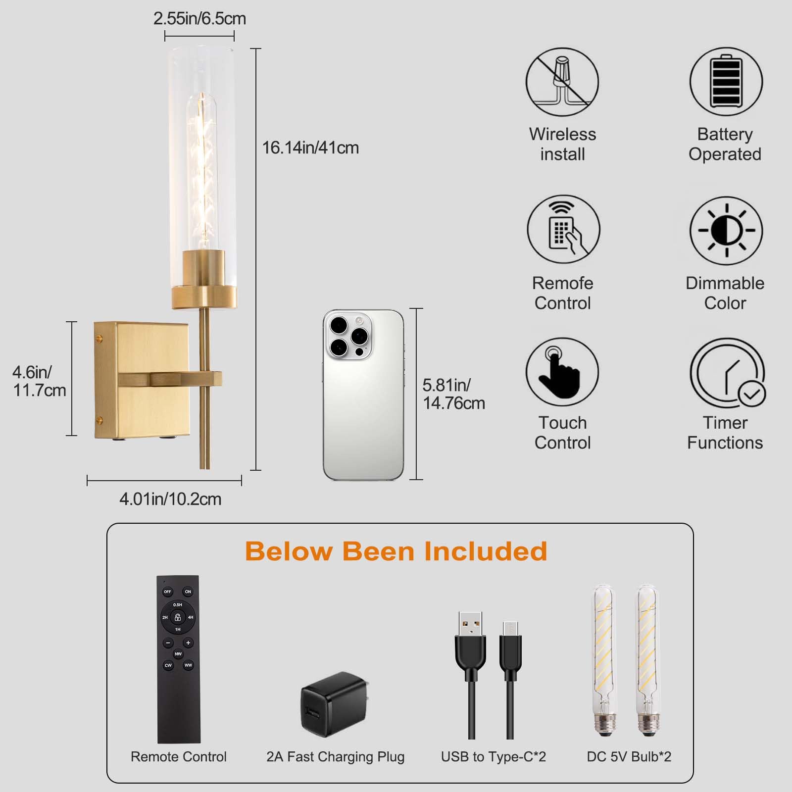 Loiogohot Battery Operated Wall Sconce, 8000mAh, Dimmable, Dual Color Temperature, Gold-Two Color, Model WL-BN2426-GD-Two
