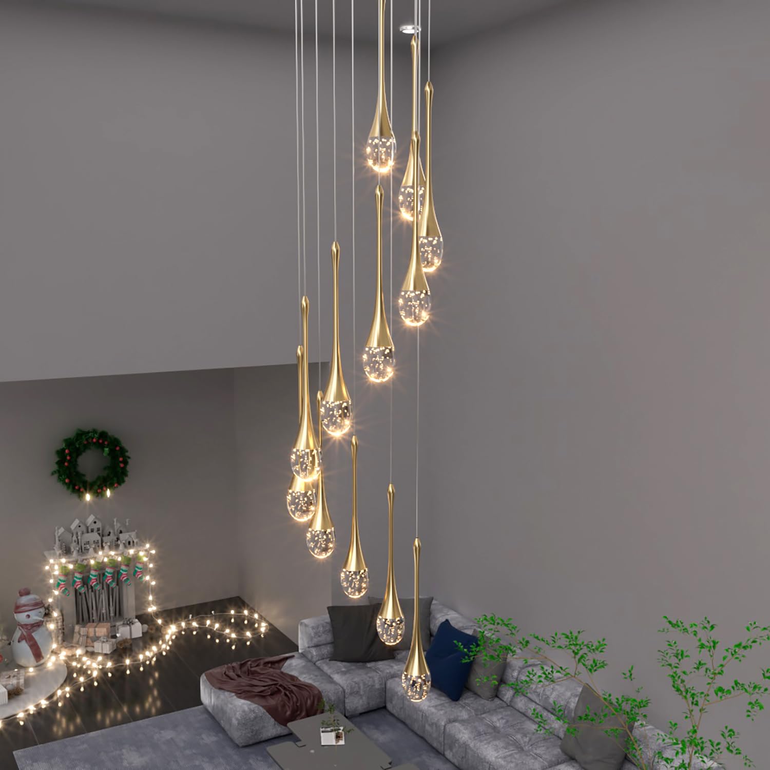 Ykolupty 12-Lights Staircase Chandelier 120In Gold Chandelier For Sloped High Ceiling Raindrop Pendant Chandelier For Living Room Foyer Hallway Villa