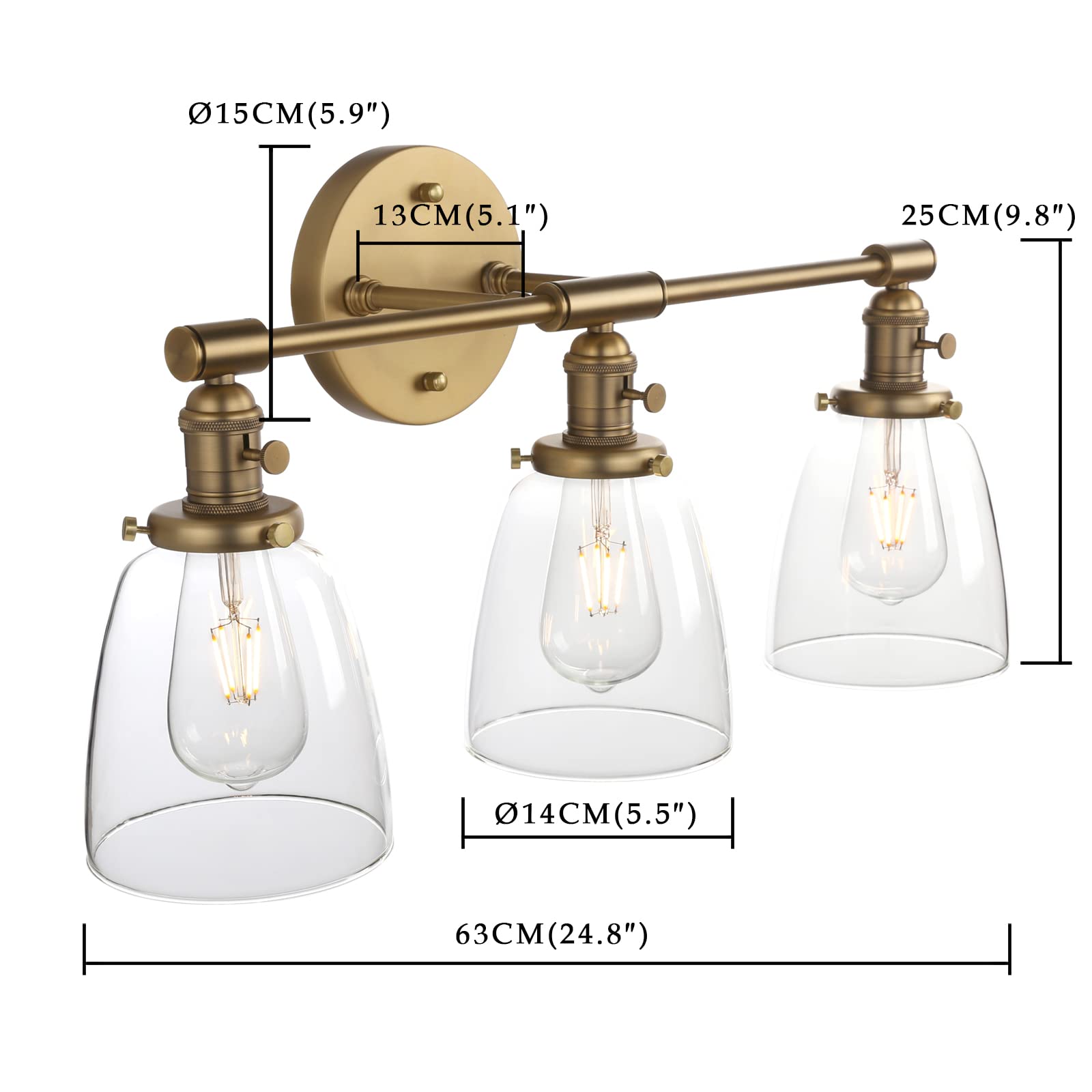 Phansthy Antique Brass 3-Light Wall Sconce with Clear Glass Shade, Model FTY451T, Bathroom Vanity Lighting