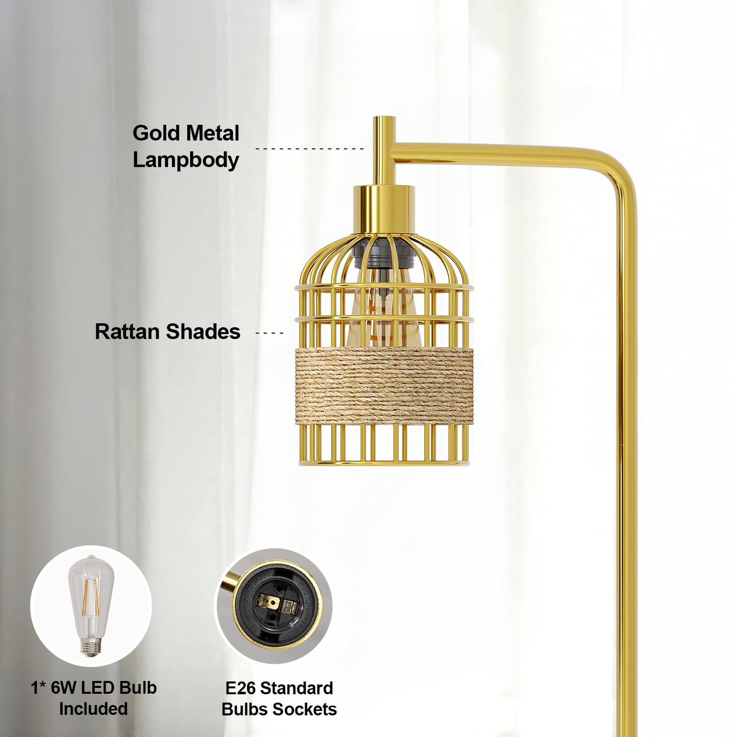 Oneach 66'' Gold Floor Lamp For Living Room, Industrial Floor Lamp With Led Buld, Rattan Shade, Foot Switch, Minimalist Farmhous