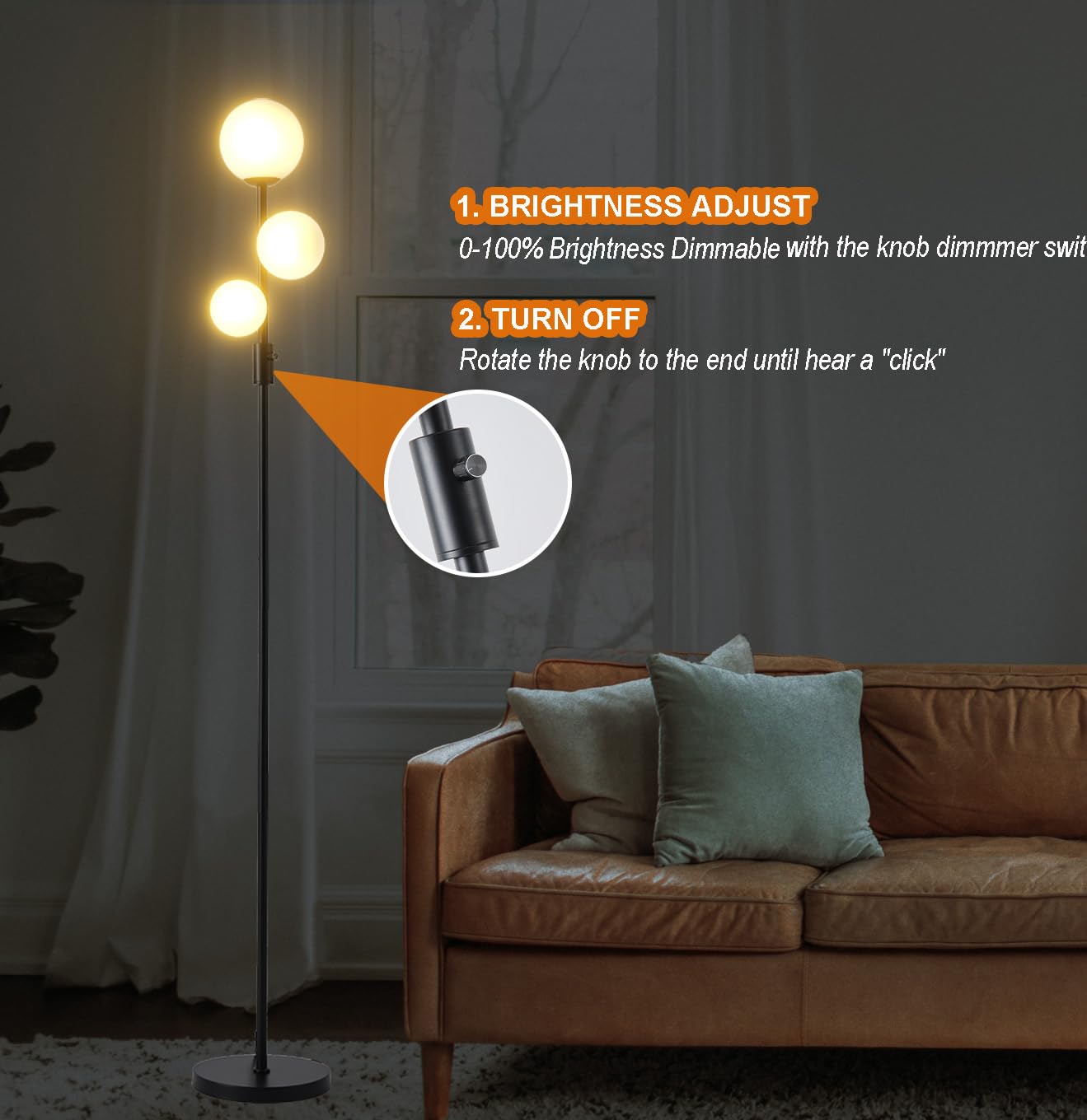 Fiqevs Upgraded Dimmable 3 Globe Floor Lamp, 1000 Lumens Led Bulbs Included, Mid Century Floor Lamp For Living Room, Modern Stan