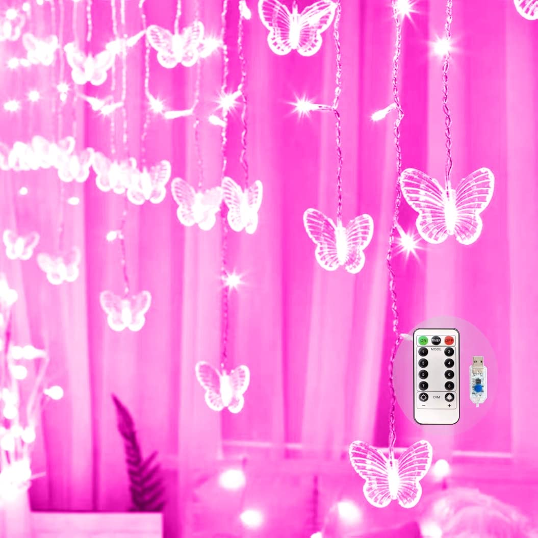 Felishine Pink Butterfly Curtain Fairy Lights - 120 Led, 8 Modes, Usb, Waterproof, Remote