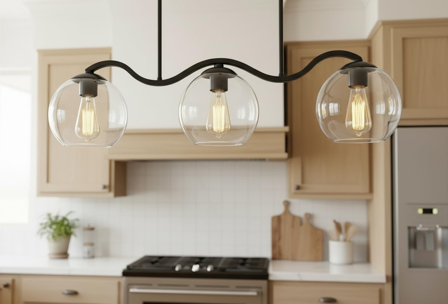 LMSOD Farmhouse Linear 3-Light Black Chandelier with Wavy Arms, Kitchen Island Pendant Light Fixture with Clear Glass Globe Shad
