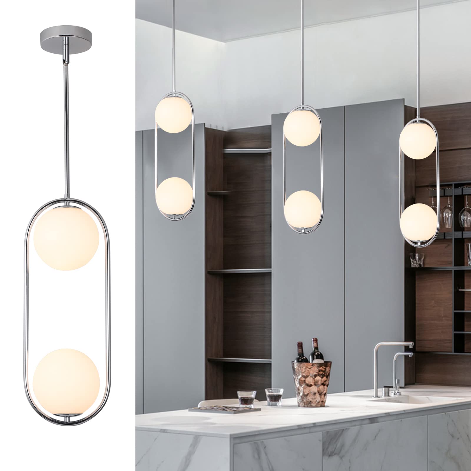 SeeU Chrome Pendant Light Fixture - Mid Century Design with White Globe Glass Shade, 2 Lights for Kitchen Island, Dining Room, Bedroom