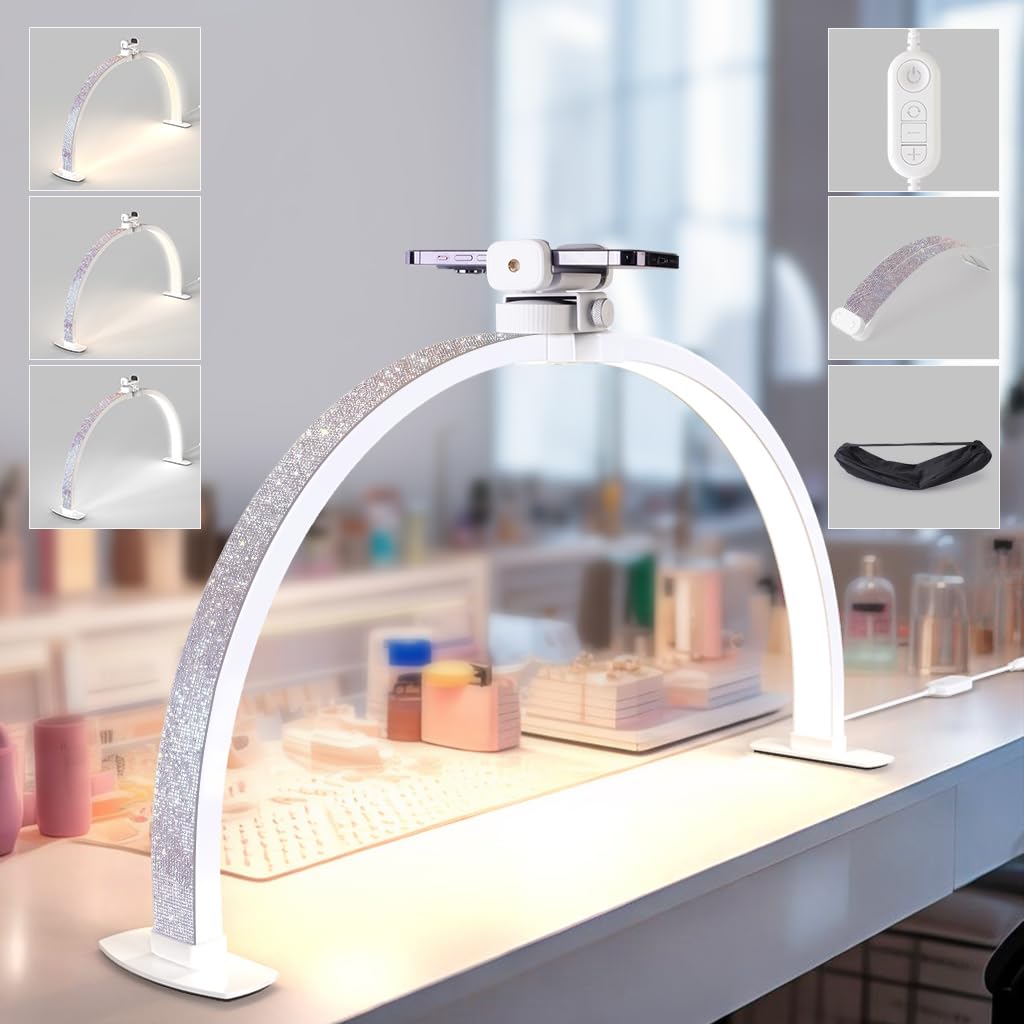 Lavinda Pro Nail Desk Lamp For Nail Techs - 3000-6000K Adjustable Half Moon Light With Phone Holder, 29In Foldable Nail Table Li