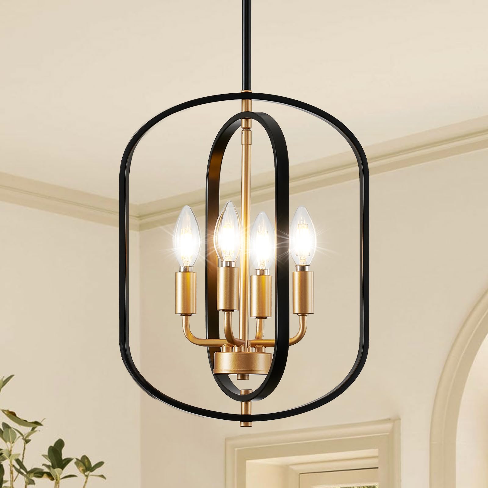 Black And Gold Chandelier For Dining Room, 4 Light Farmhouse Entryway Light Fixture, Adjustable Modern Farmhouse Chandelier Ligh