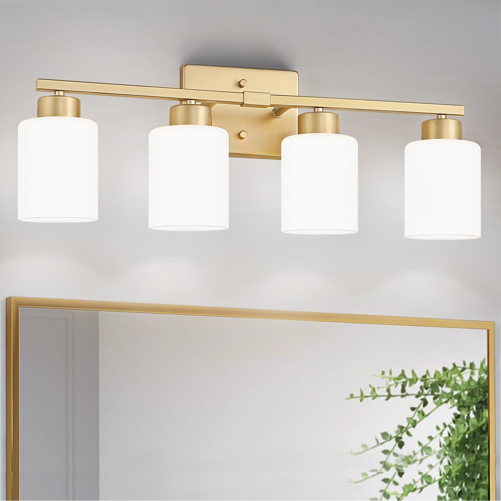 Fonmyim Gold Bathroom Light Fixtures, 4-Light Modern Vanity Light Over Mirror, Wall Sconces With Milky White Frosted Glass Shade