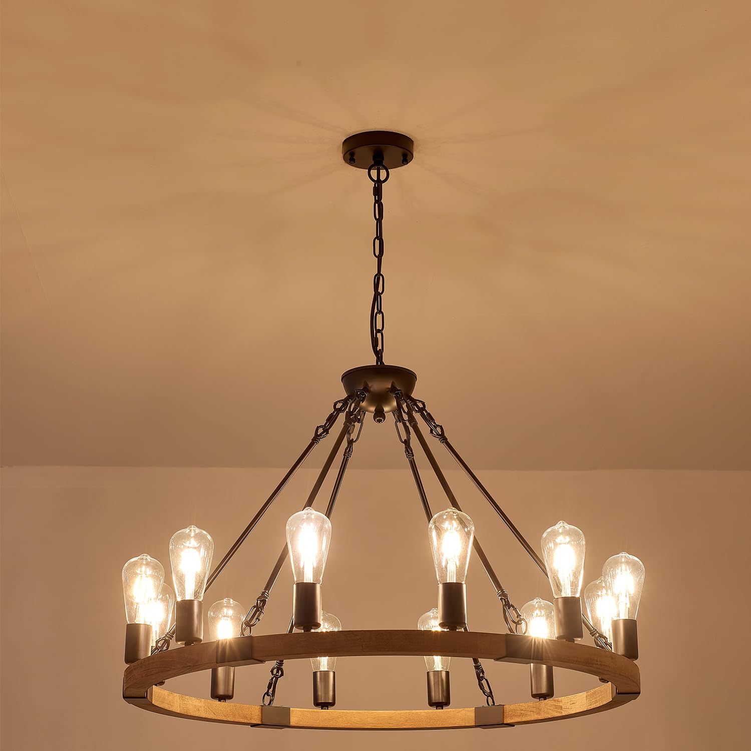 brfaixla 12-Light Wooden Wagon Wheel Chandelier, 31.5" Diameter, Rustic Black Metal, Natural Wood for Farmhouse Living Room Foyer