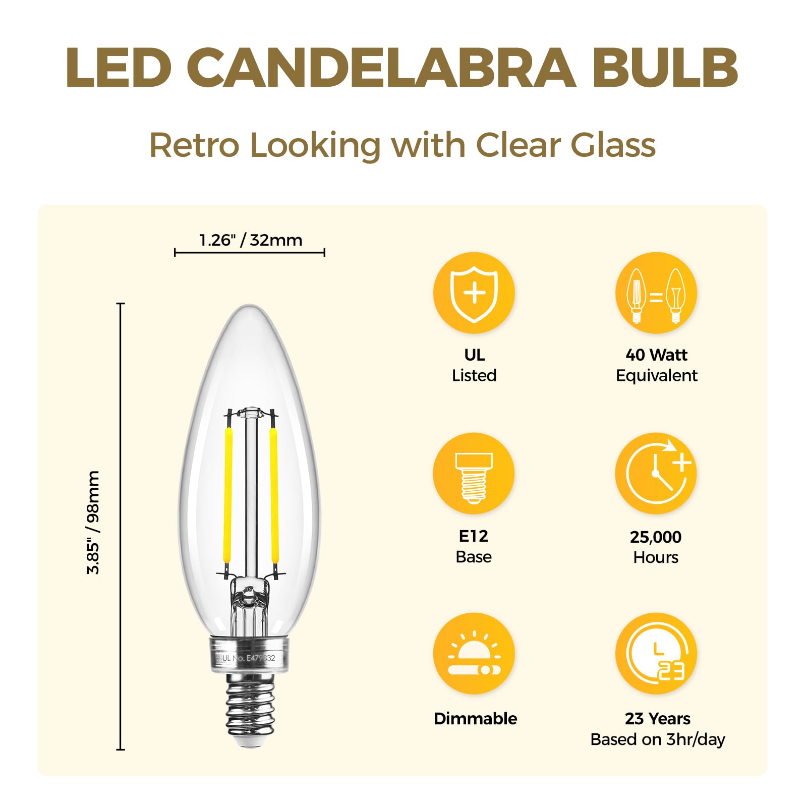 Hizashi Candelabra Led Light Bulbs 40 Watt Equivalent, E12 Base Chandelier Light Bulbs 5000K Daylight, Dimmable Led Candelabra B