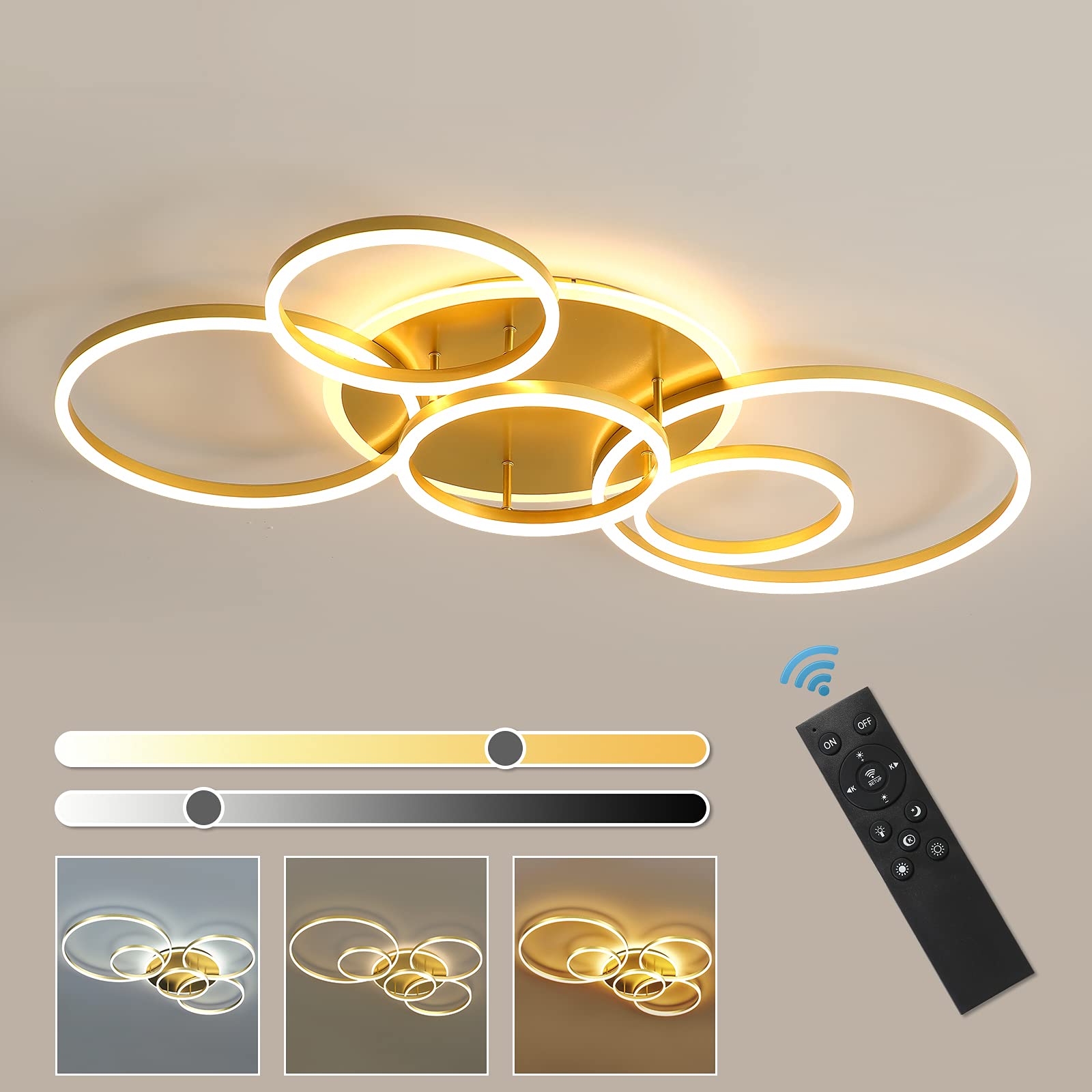 Modern LED Ceiling Light 106W Dimmable LED Acrylic Ceiling Lamp with Remote Control 6 Rings Flush Mount Ceiling Light Gold Ceili