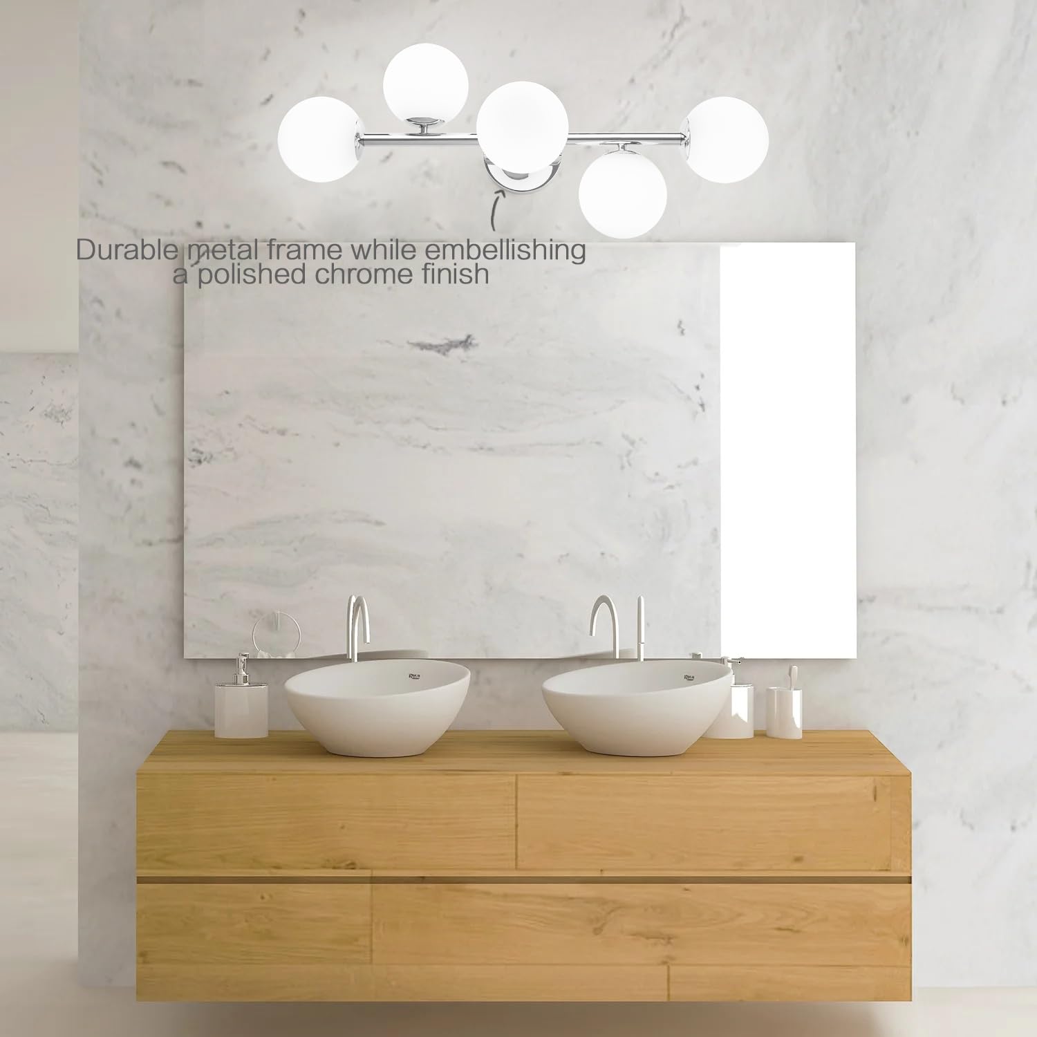 artmoonlight Bathroom Vanity Lights 5-Light Mid Century Modern Chrome Frosted Milk Glass Wall Sconces Model SP012A1-CH