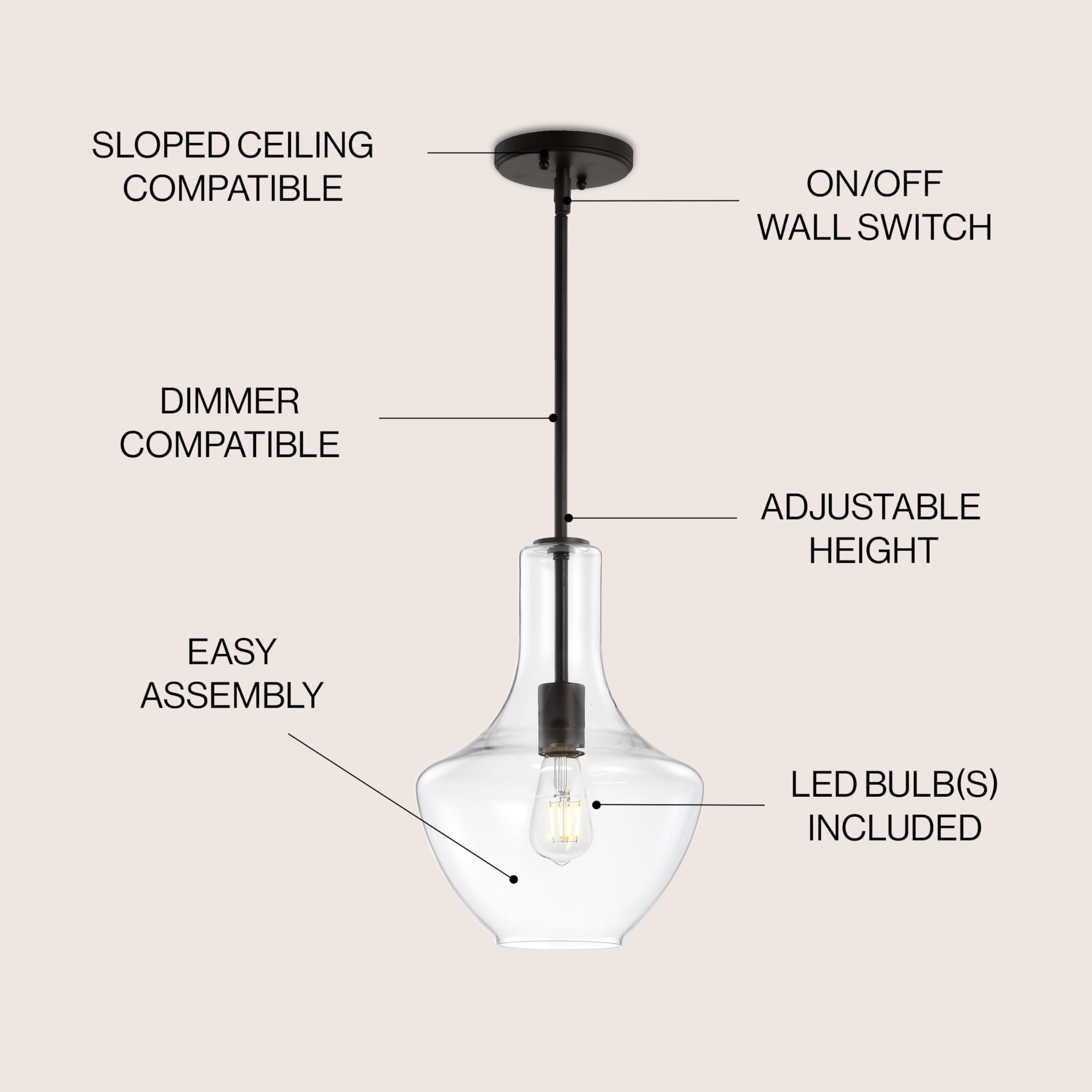 JONATHAN Y LED Pendant Light, 10.5in Glass/Metal, Dimmable, Oil Rubbed Bronze/Clear, Model JYL6400B