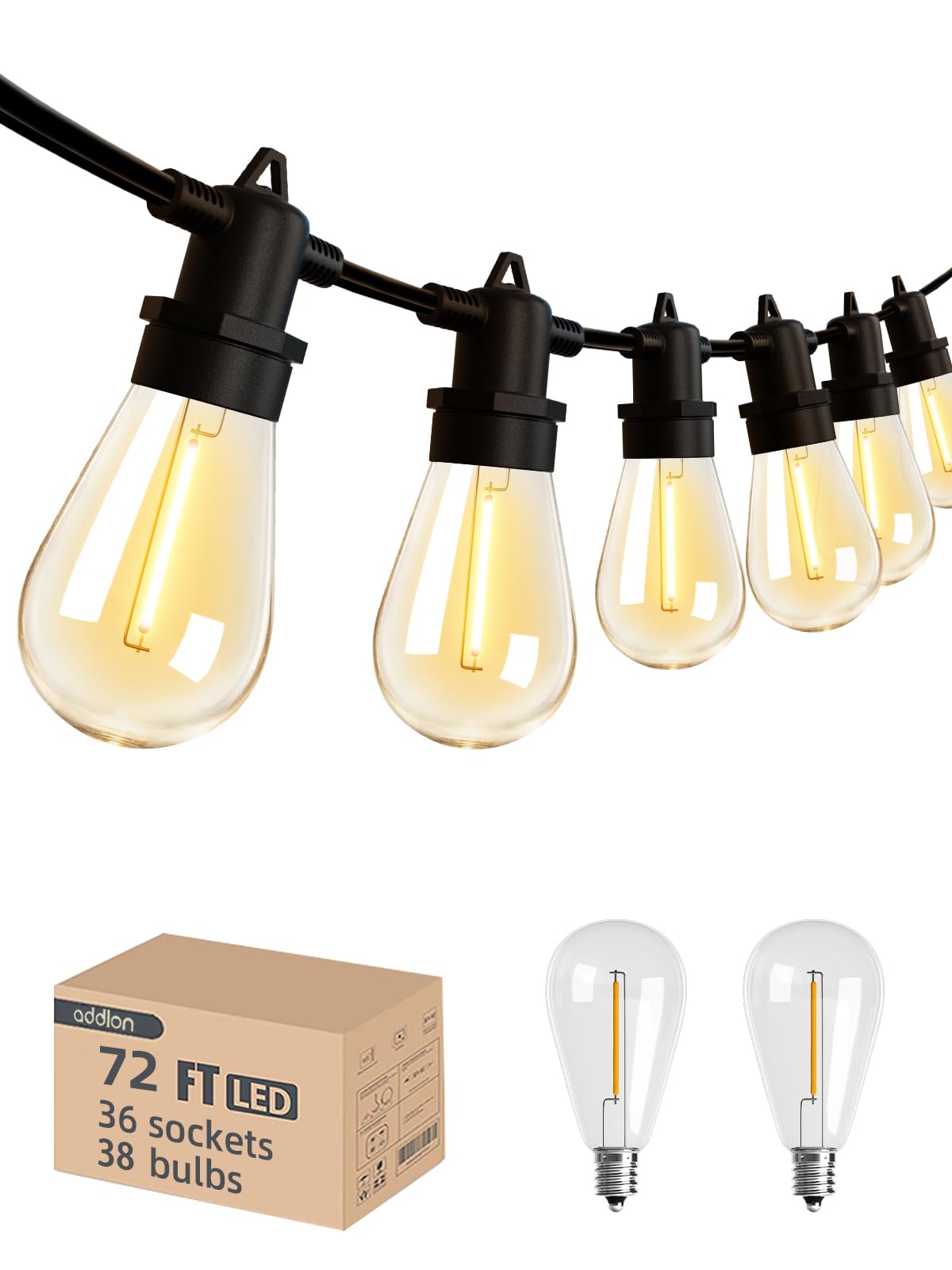 Addlon 72Ft(2Ft Space) Led Outdoor String Lights With 36 Edison Shatterproof Bulbs, Heavy-Duty And Weatherproof Strand, Commerci