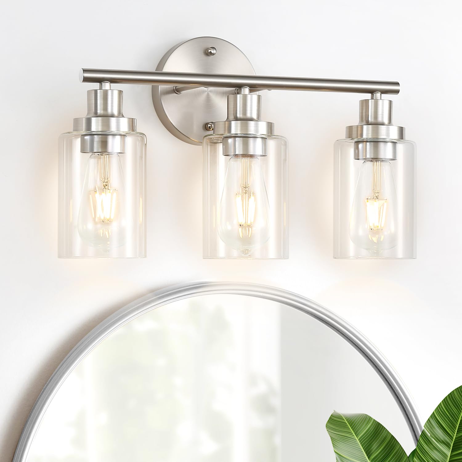 Apenath Modern 3-Light Vanity Wall Sconce, Clear Glass Shade, Brushed Nickel, Ideal for Bathroom, Kitchen, Living Room