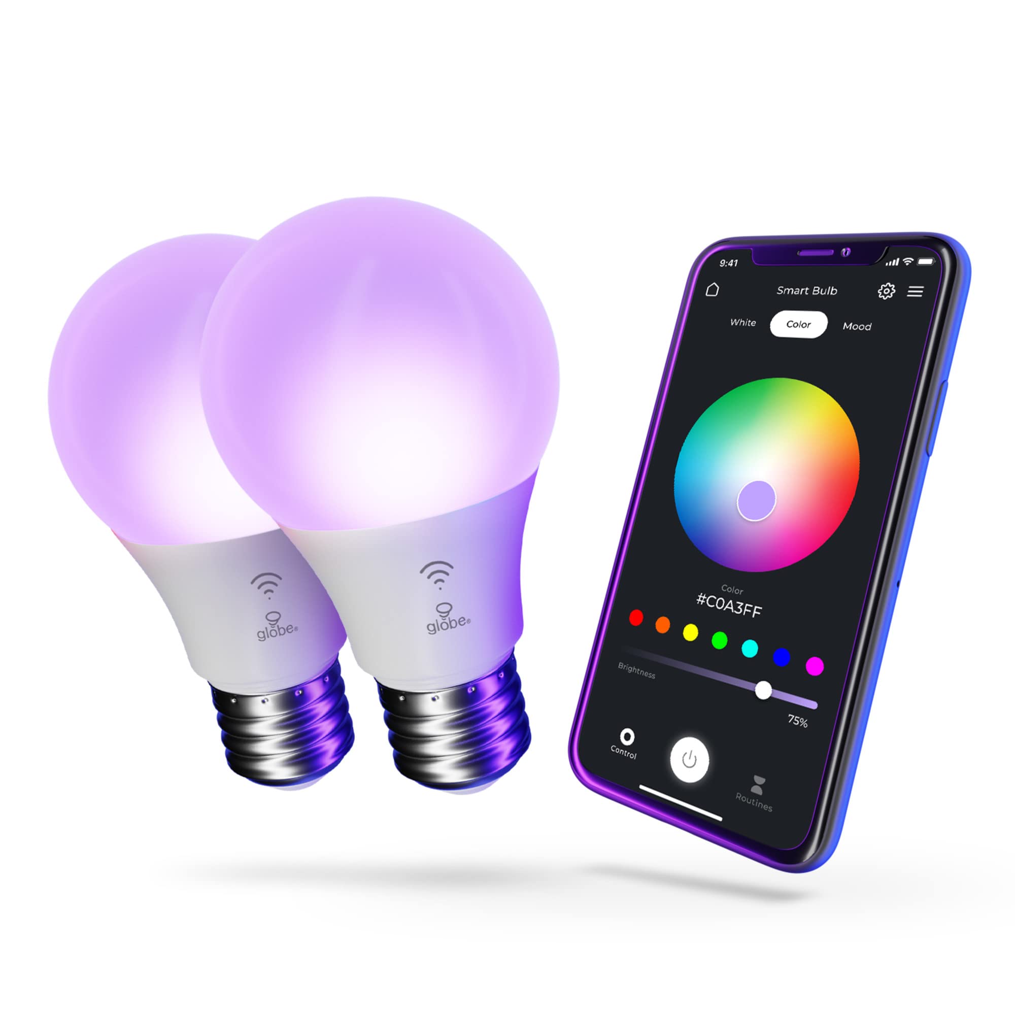 Globe Electric 34207 Wi-Fi Smart 10 Watt (60W Equivalent) Multicolor Changing RGB Tunable White Frosted LED Light Bulb 2-Pack, N