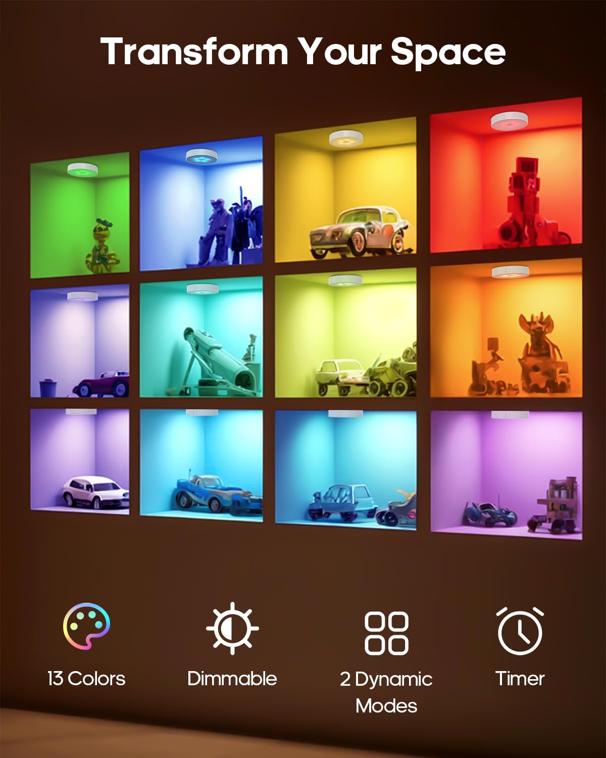 Goodea Rgb Under Cabinet Lighting, Led Rechargeable Puck Lights With Remote, 13 Color Motion Sensor Lights Indoor, Dimmable Clos