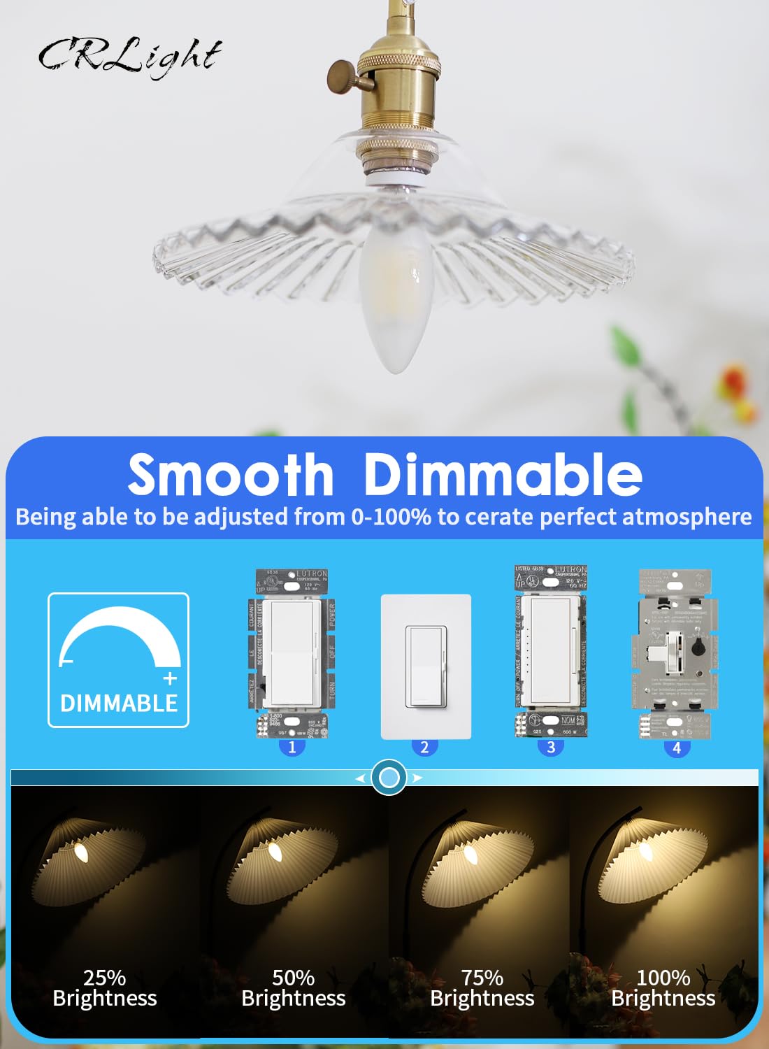 CRLight 6W Dimmable LED Candelabra Bulb, 4000K Daylight White, E12 Base, Pack of 8, Frosted Glass, 600 Lumens